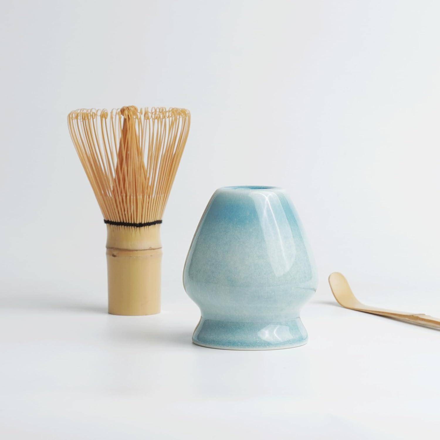 Premium Matcha Set 6-teilig – Exklusives Matcha Tee Set mit Bambus-Chasen (Besen), Blau Keramik-Schale, Sieb, Löffel & Zubehör, Originelles Gesche