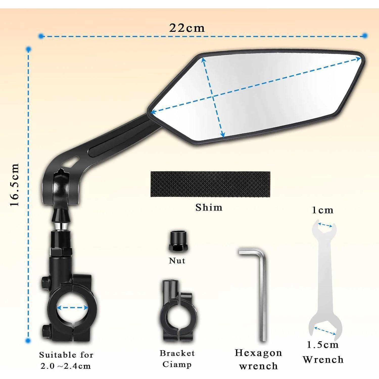 Motorrad-Spiegelkit-Diagramm mit einem verstellbaren Spiegel mit Abmessungen (22 cm × 16,5 cm) und enthaltenen Teilen: Unterlegscheibe, Mutter, Klammerhalterung, Innensechskantschlüssel und Schraubenschlüssel; passt auf Lenker mit Durchmesser 2,0–2,4 cm.