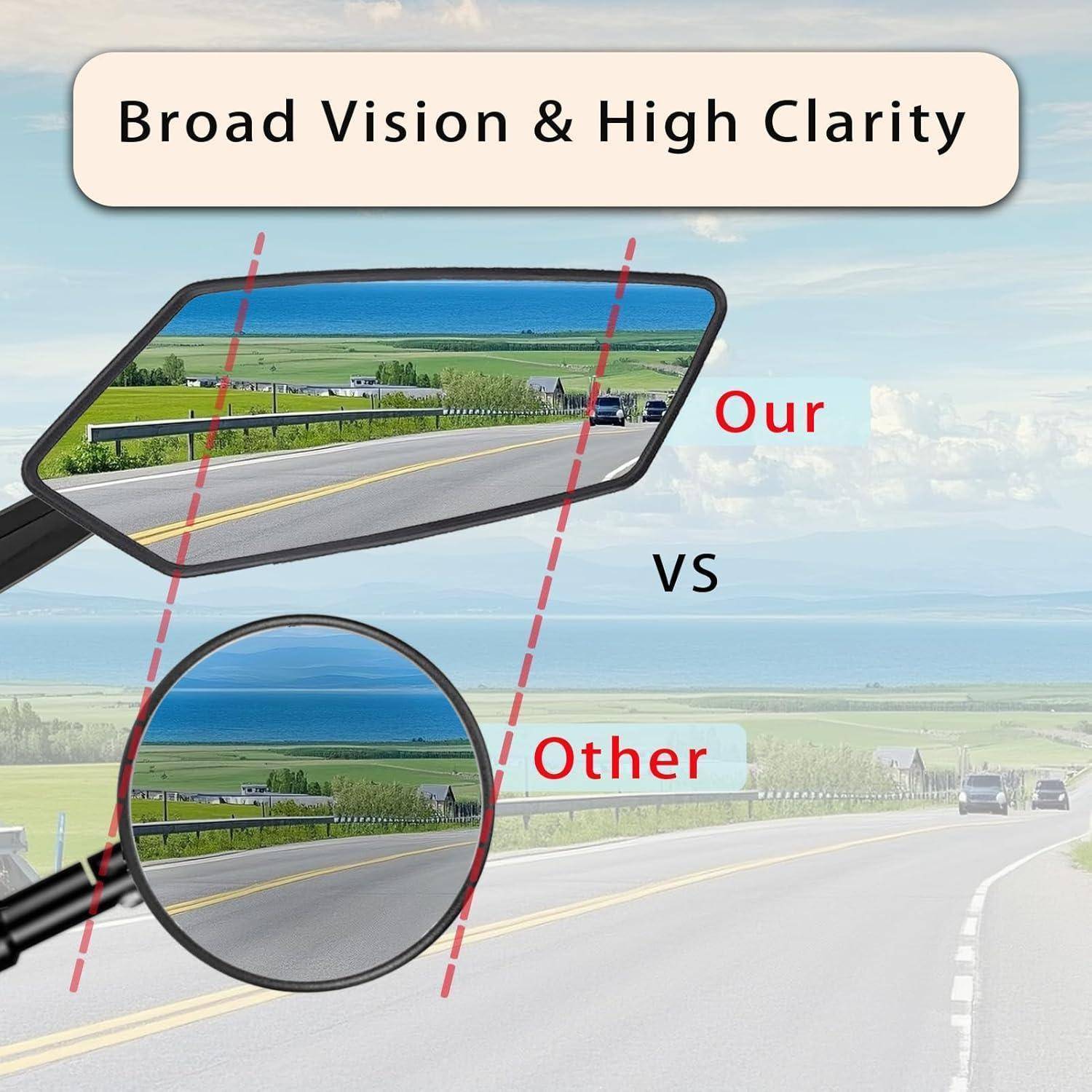 Vergleichsgrafik mit dem Titel „Breites Sichtfeld & Hohe Klarheit", die unsere Spiegelansicht gegenüber der vergrößerten, unscharfen Straßenansicht der „Anderen"" zeigt.