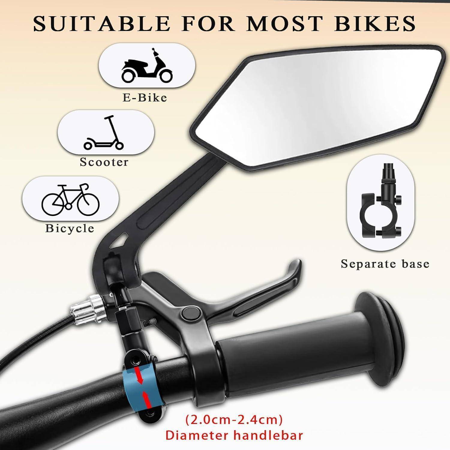 Fahrradspiegel für Motorroller-Lenker, kompatibel mit E-Bikes, Rollern und Fahrrädern, mit separater Befestigung und Passform für 2,0–2,4 cm Lenkerdurchmesser.