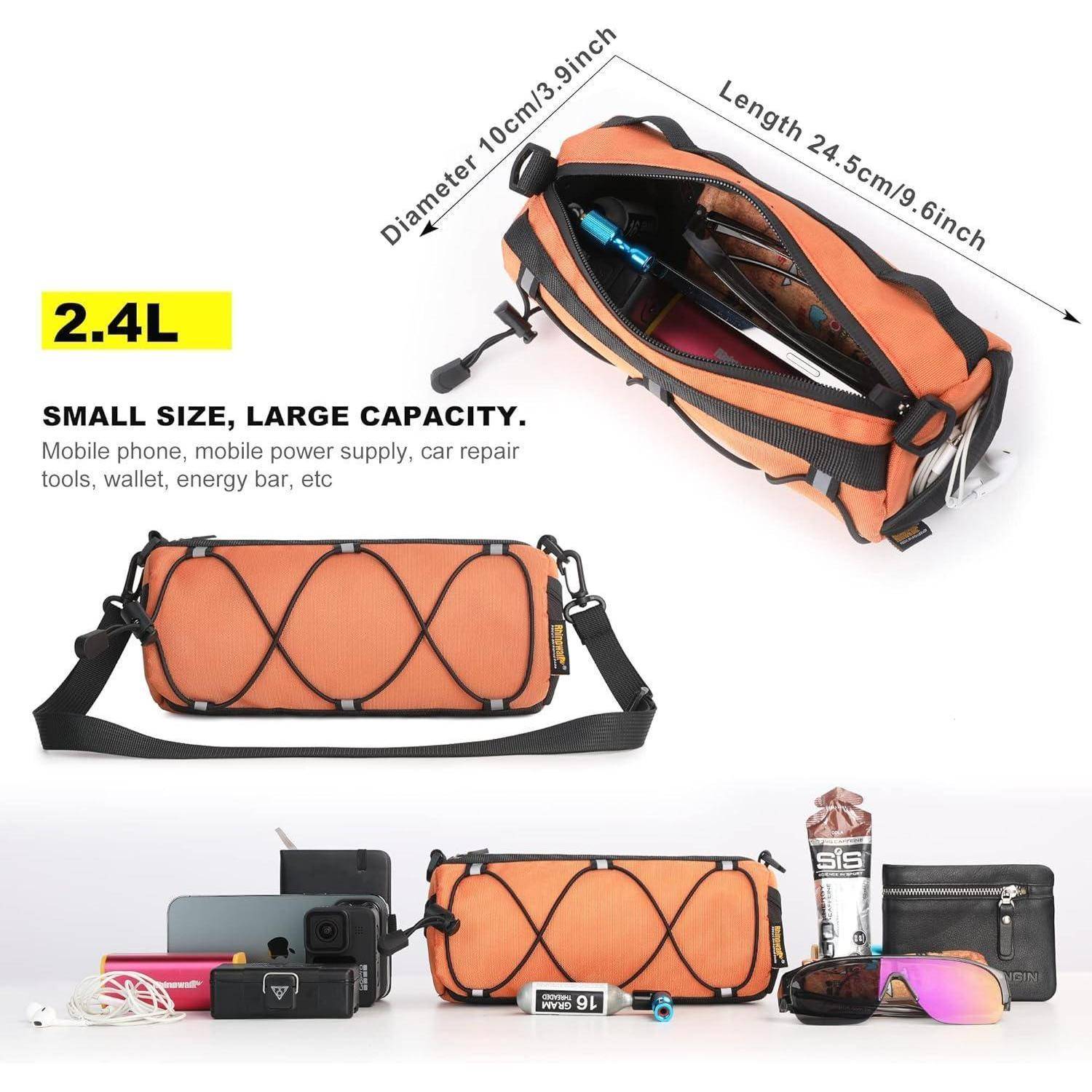 Orange Zylindertasche mit Schultergurt, 2,4 L, mit schwarzen Riemen, geöffnet und geschlossen abgebildet, Abmessungen 24,5 cm Länge und 10 cm Durchmesser; fasst kleine Gegenstände.