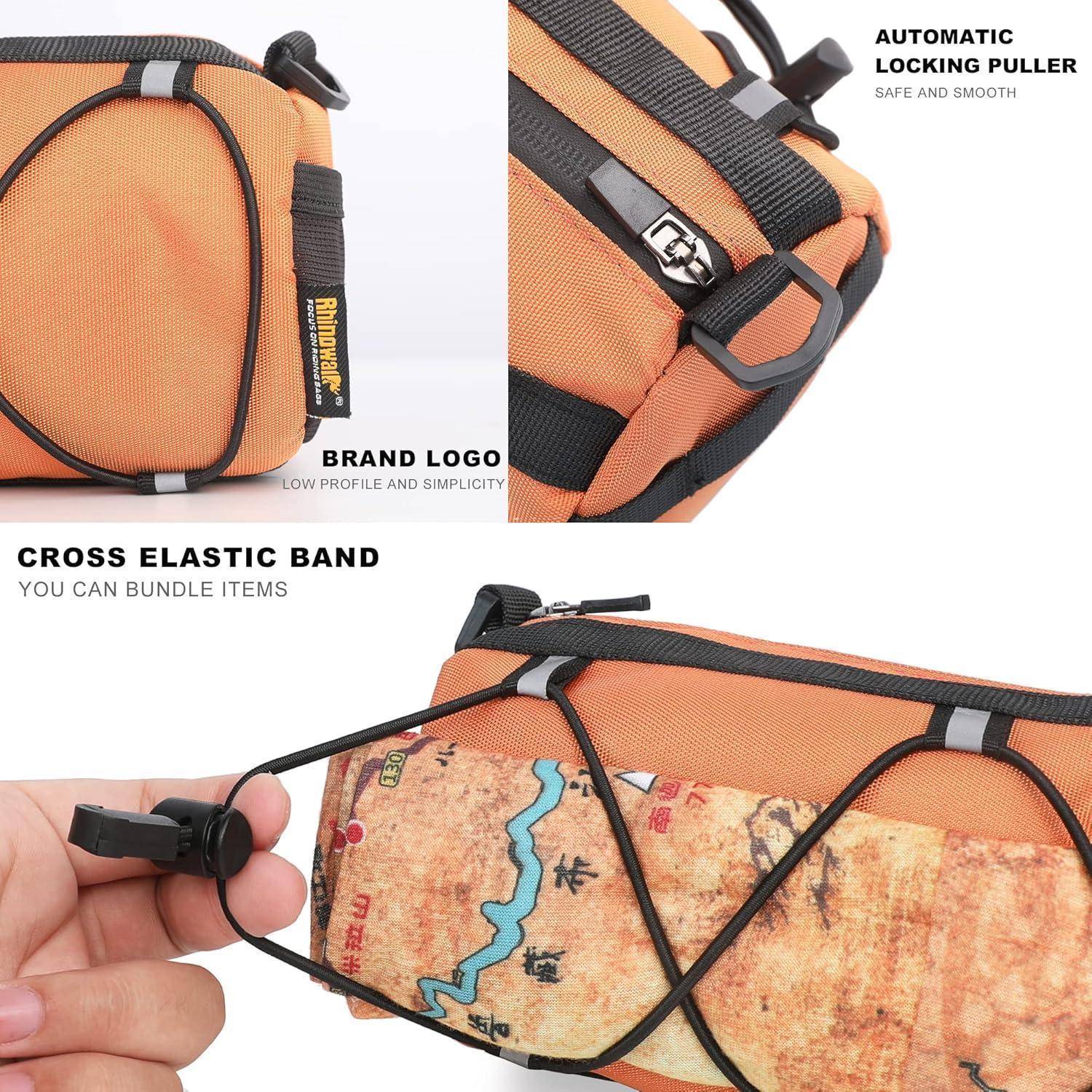 Orangefarbener Reißverschlussbeutel mit schwarzem Kreuzelastikband und automatischem Verschlussschieber, gekennzeichnet mit Markenlogo und Bundel-Produktmerkmal.