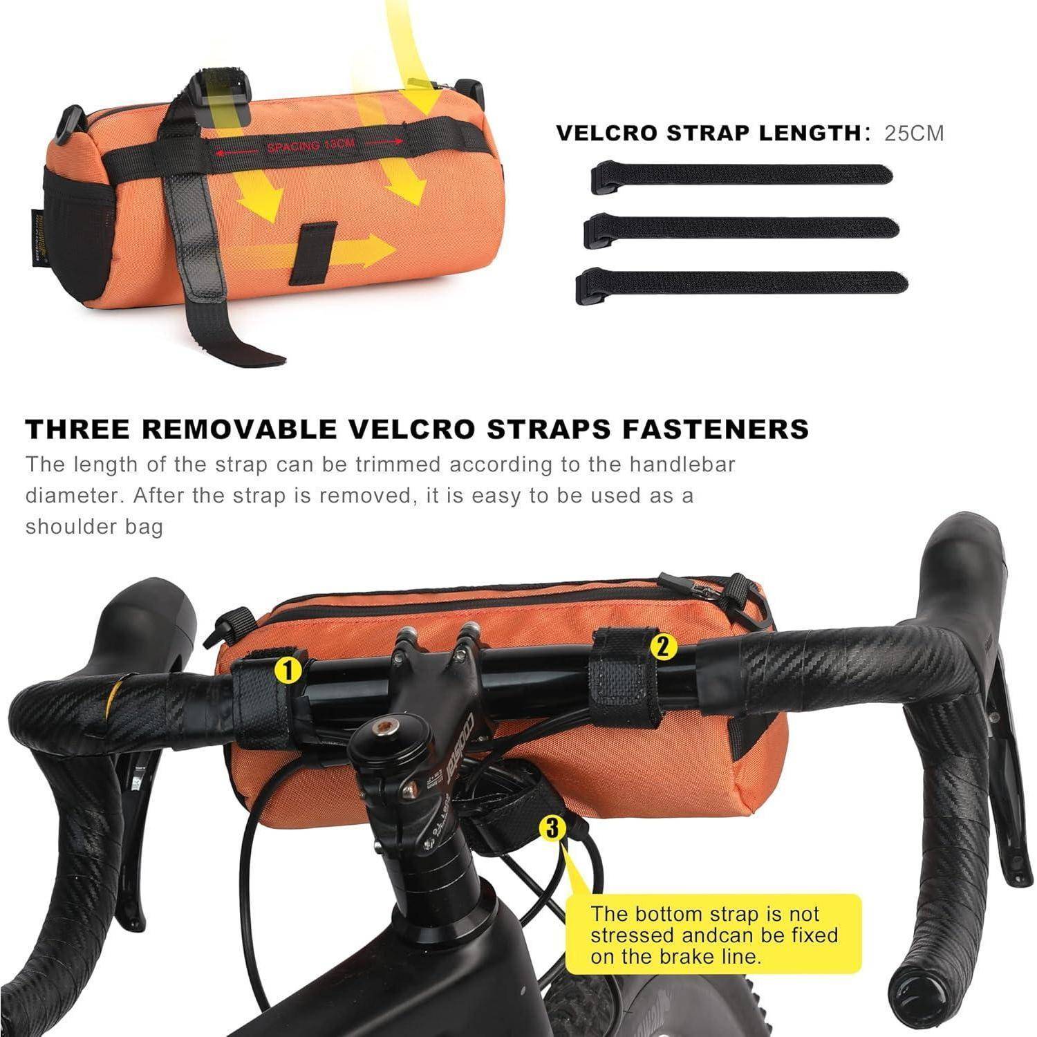 Orangefarbene Fahrradlenkertasche mit drei abnehmbaren Klettverschlussriemen, 25 cm Länge, gezeigt montiert auf dem Lenker und als Schultertasche verwendbar.