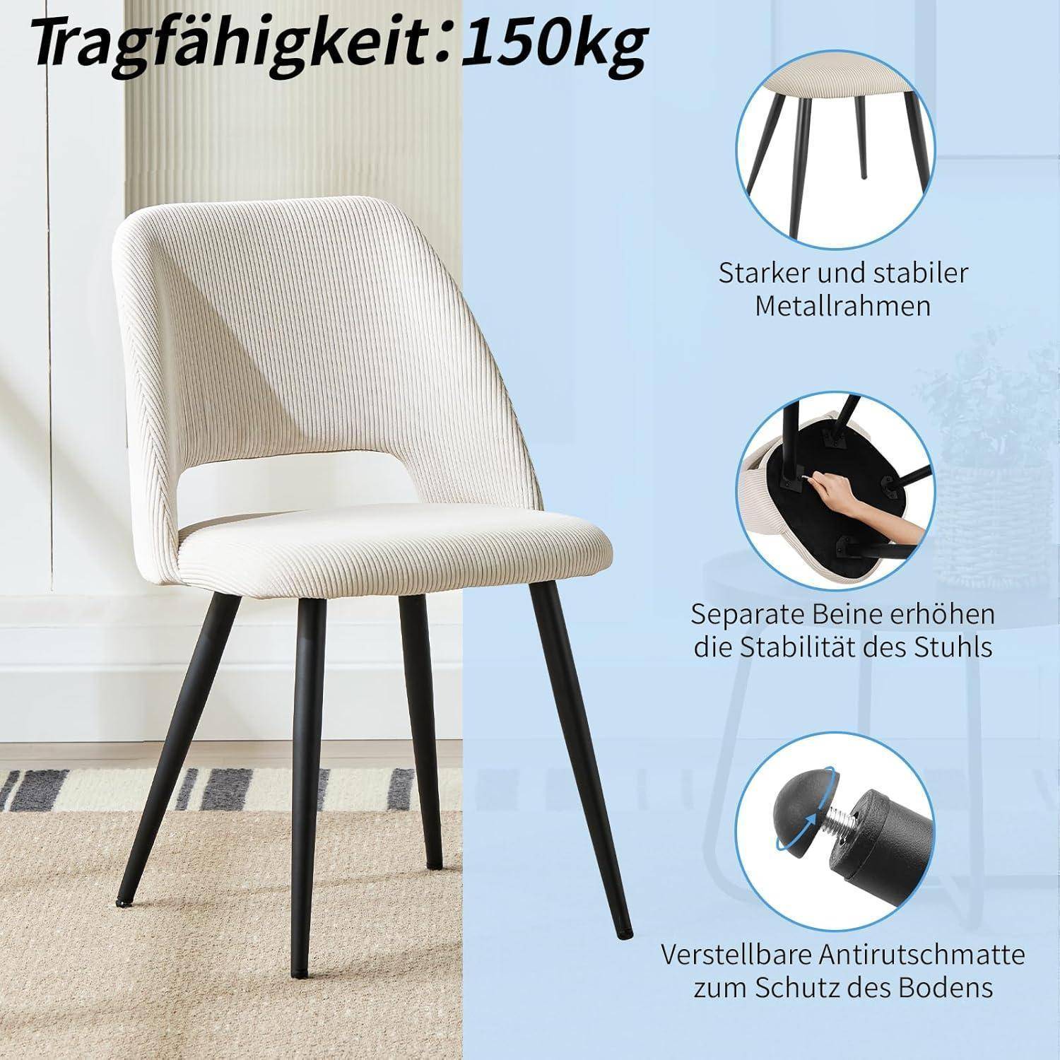 Weiß gepolsterter Stuhl mit schwarzen Metallbeinen; Text besagt 