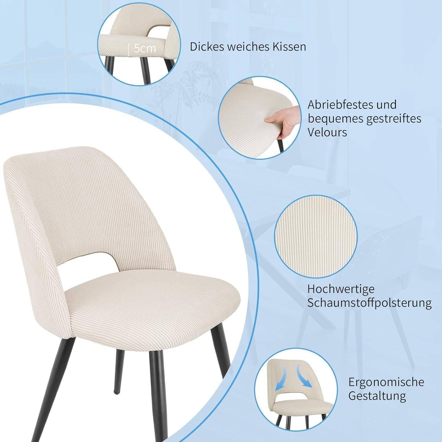 Beiger Polsterstuhl mit schwarzen Beinen, gezeigt mit Beschriftungen, die ein 5 cm dickes Sitzkissen, langlebigen gestreiften Samt, hochwertige Schaumstoffpolsterung und ergonomisches Design hervorheben.