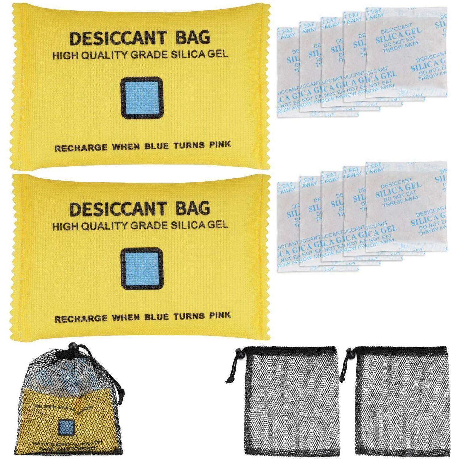 Produktbild von wiederverwendbaren Kieselgel-Trockenmittelbeuteln: zwei gelbe Indikator-Sachets mit der Aufschrift „DESICCANT BAG