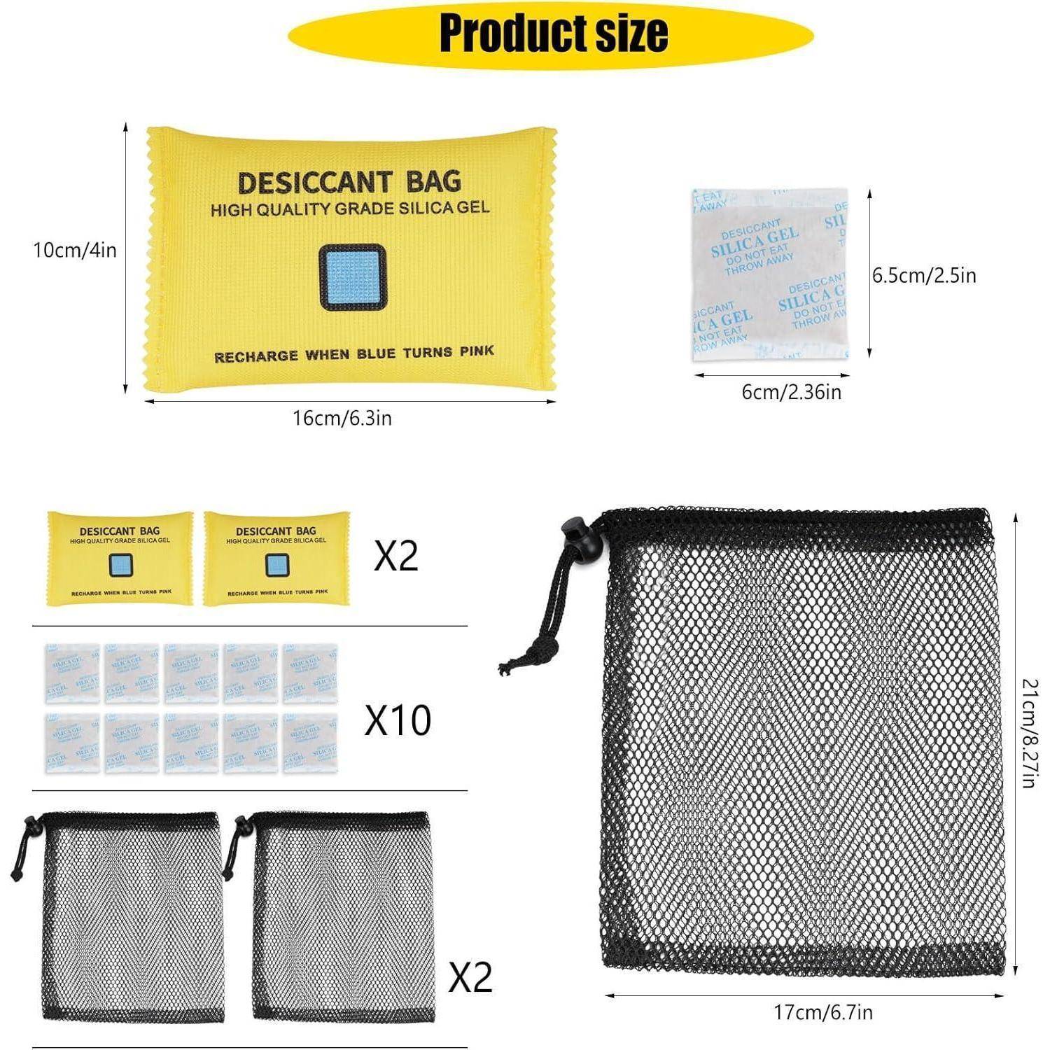 Größentabelle für Trockenmittelbeutel mit zwei gelben Beuteln von 16 x 10 cm, zehn Sachets von 6 x 6,5 cm und zwei schwarzen Netzbeuteln mit den Abmessungen 17 x 21 cm.