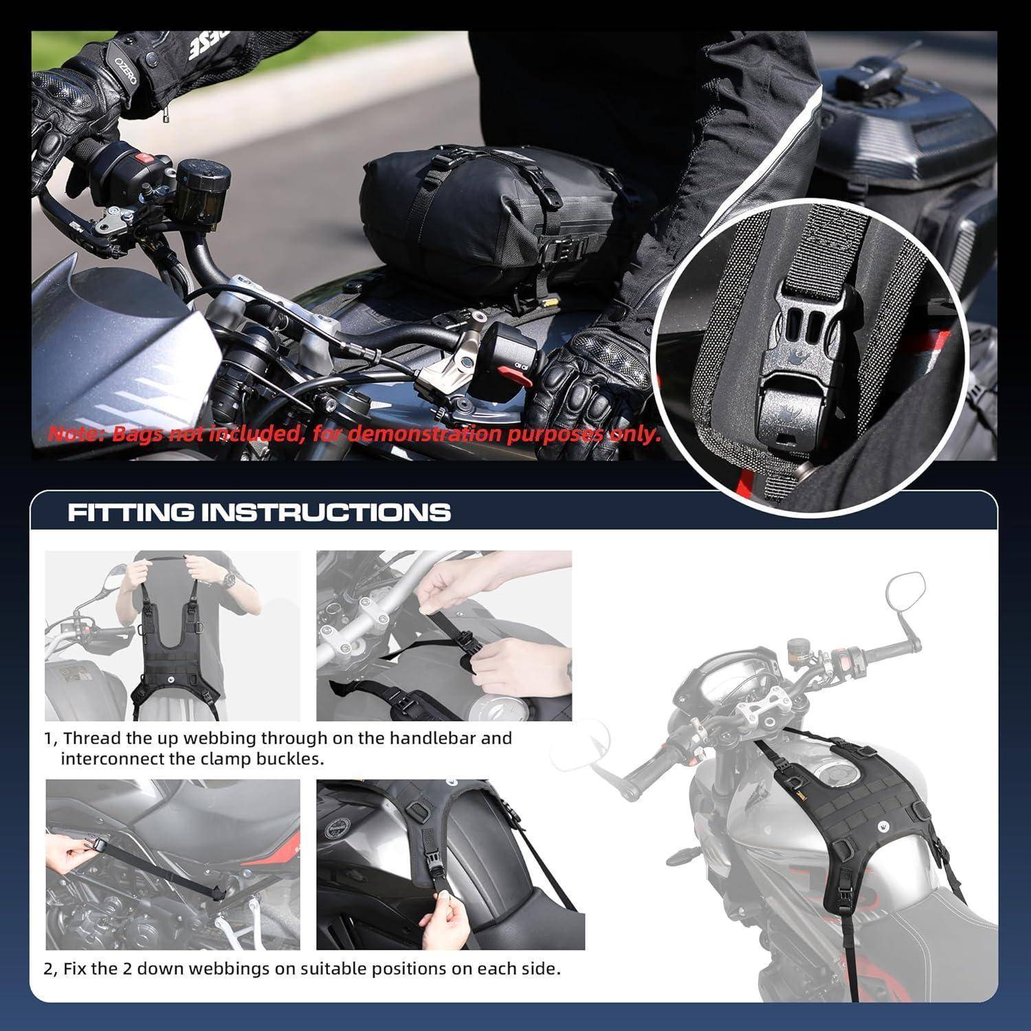Befestigungsanleitung für Motorrad-Tankrucksäcke mit Riemen, die durch die Lenker gefädelt und auf beiden Seiten eingeklemmt werden, mit Nahaufnahme der Schnalle und des am Motorrad befestigten Rucksacks.