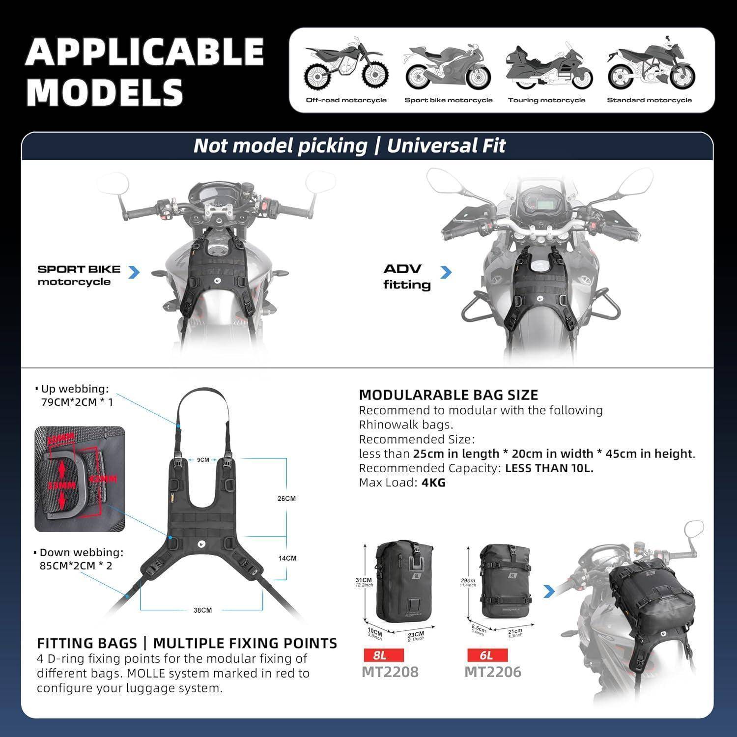Infografik mit einer universell passenden Motorradtasche für anwendbare Modelle, mit Passbeispielen auf Sport-Bikes und Adventure-Motorrädern, Befestigungsgurten und modularen Taschengrößenempfehlungen (unter 25cm x 20cm x 45cm, unter 10L, max 4kg).