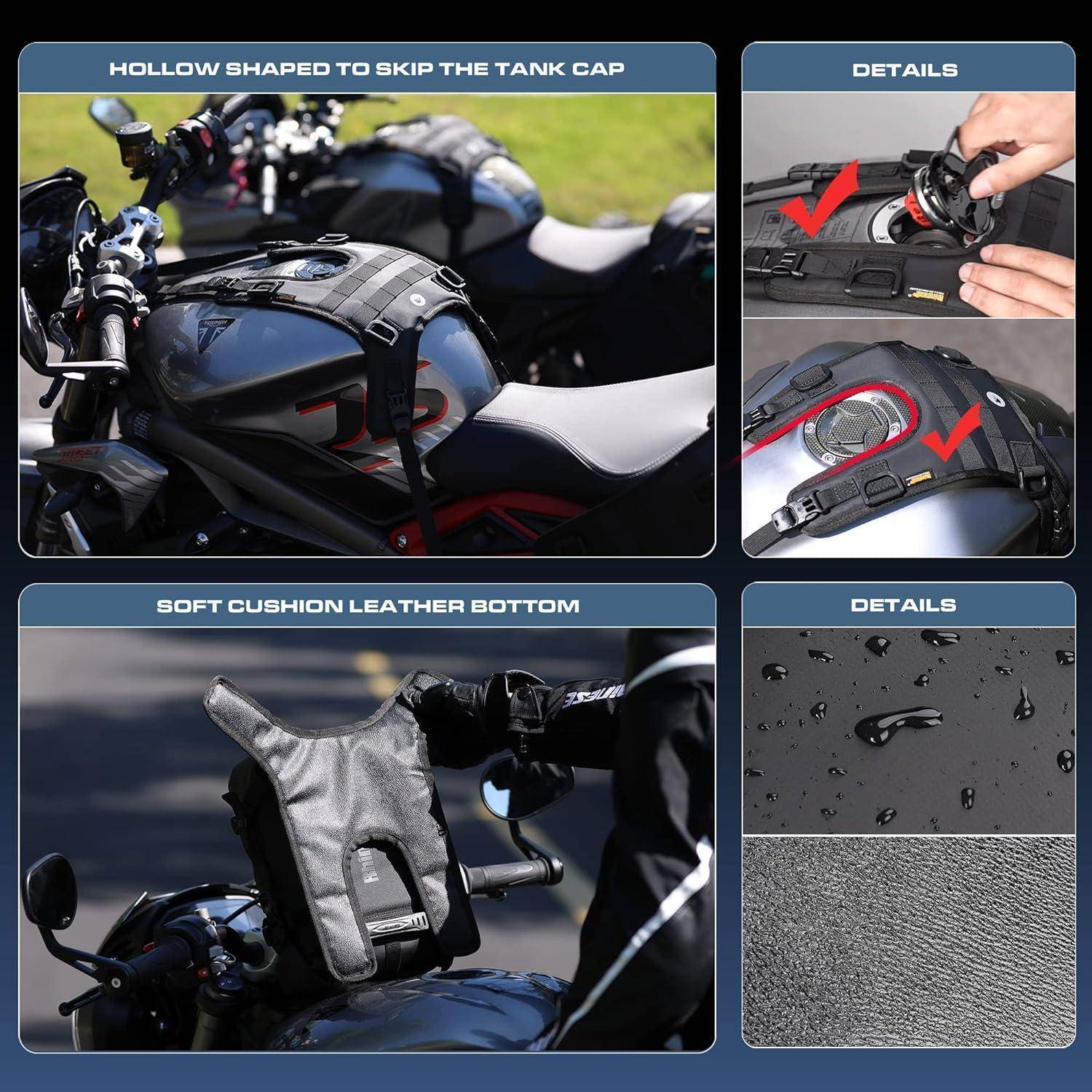 Produktcollage zeigt eine auf einem Motorrad montierte Tankbag mit Nahaufnahmen eines hohlen Tankdeckelausschnitts, händischer Befestigung und wasserdichten, gepolsterten Materialien.