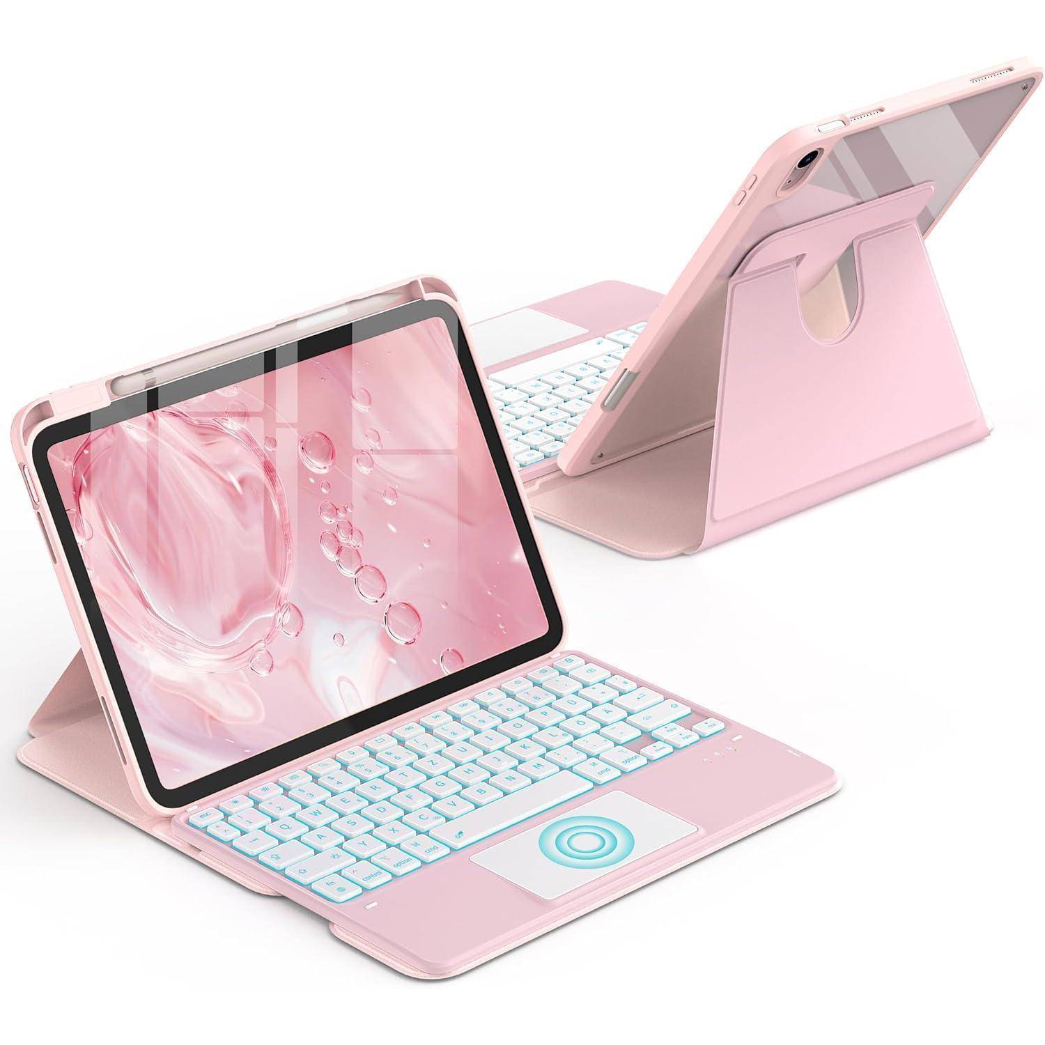 Rosa Tablet-Tastaturhülle offen im Laptop-Modus gezeigt, mit abnehmbarem Tablet und integrierter weiß-blauer Tastatur auf weißem Hintergrund.
