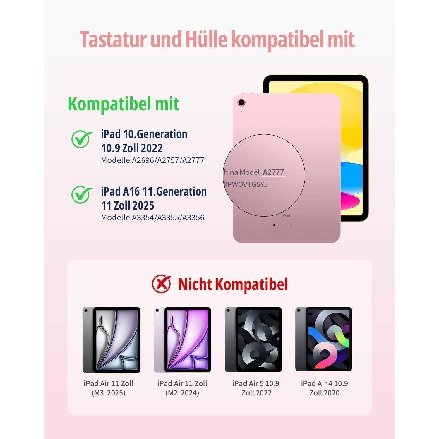 Deutsches Kompatibilitätsdiagramm für iPad-Hüllen und -Schutzhüllen: kompatibel mit iPad 10. Generation 10,9 Zoll 2022 und iPad 11. Generation 11 Zoll 2025; nicht kompatibel mit aufgelisteten iPad Air und iPad Air 11-Zoll-Modellen.