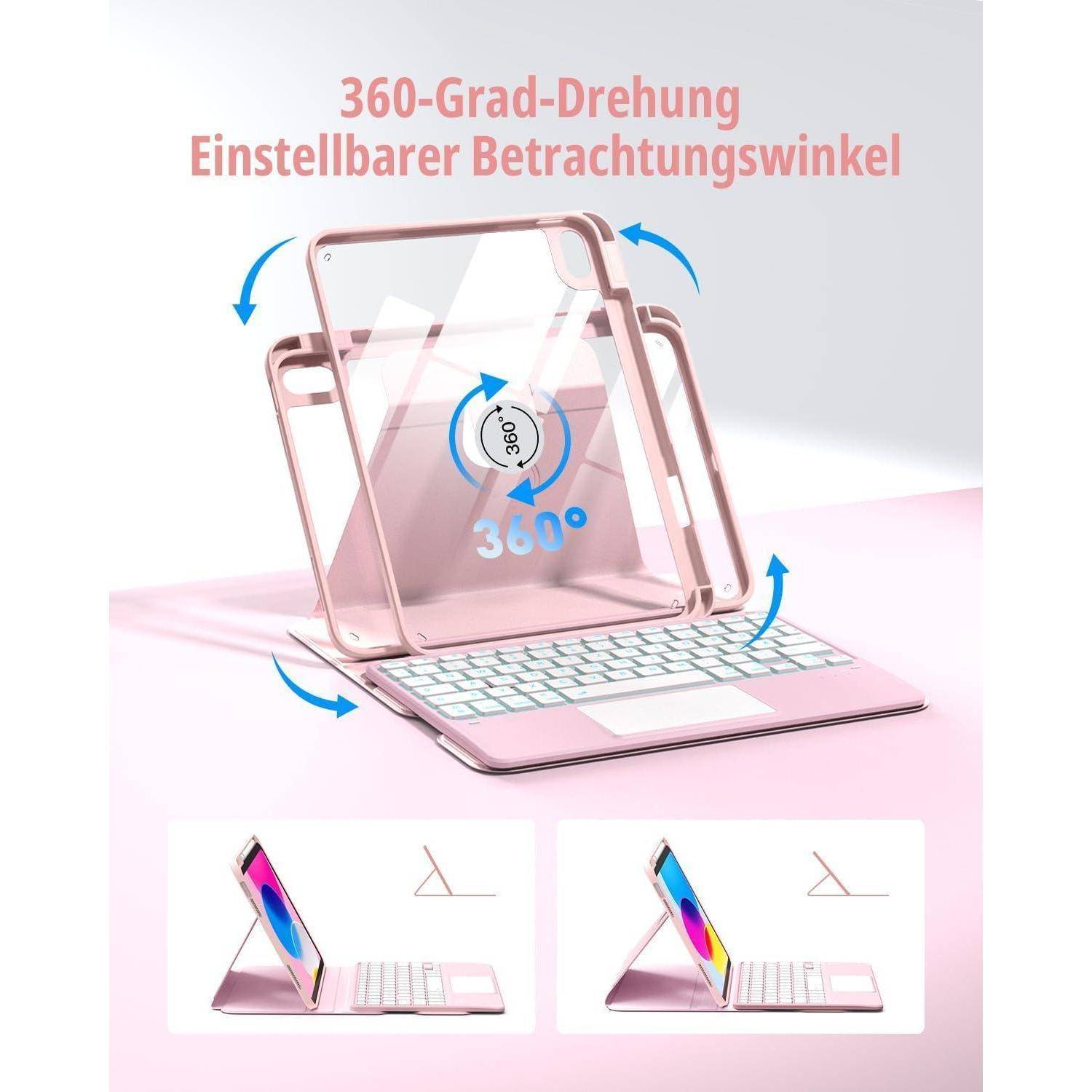 Rosa Tablet-Tastaturhülle, die sich um 360 Grad dreht und mit verstellbarem Betrachtungswinkel dargestellt ist, illustriert durch gebogene Pfeile und zwei Seitenansicht-Beispiele.