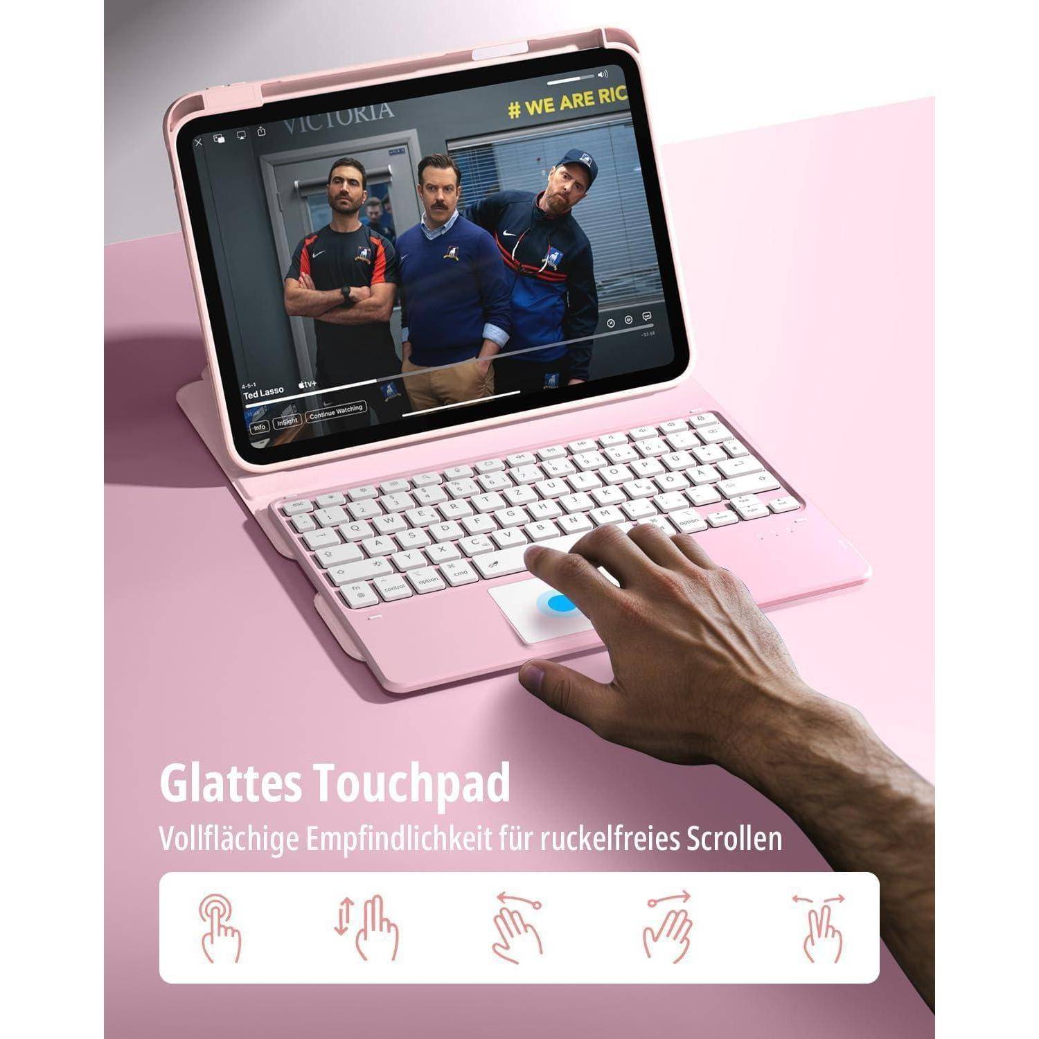 Rosa Laptop mit einer Hand, die ein großes Touchpad benutzt; der Text auf dem Bildschirm lautet „Glattes Touchpad" und „Vollflächige Empfindlichkeit für ruckelfreies Scrollen"".