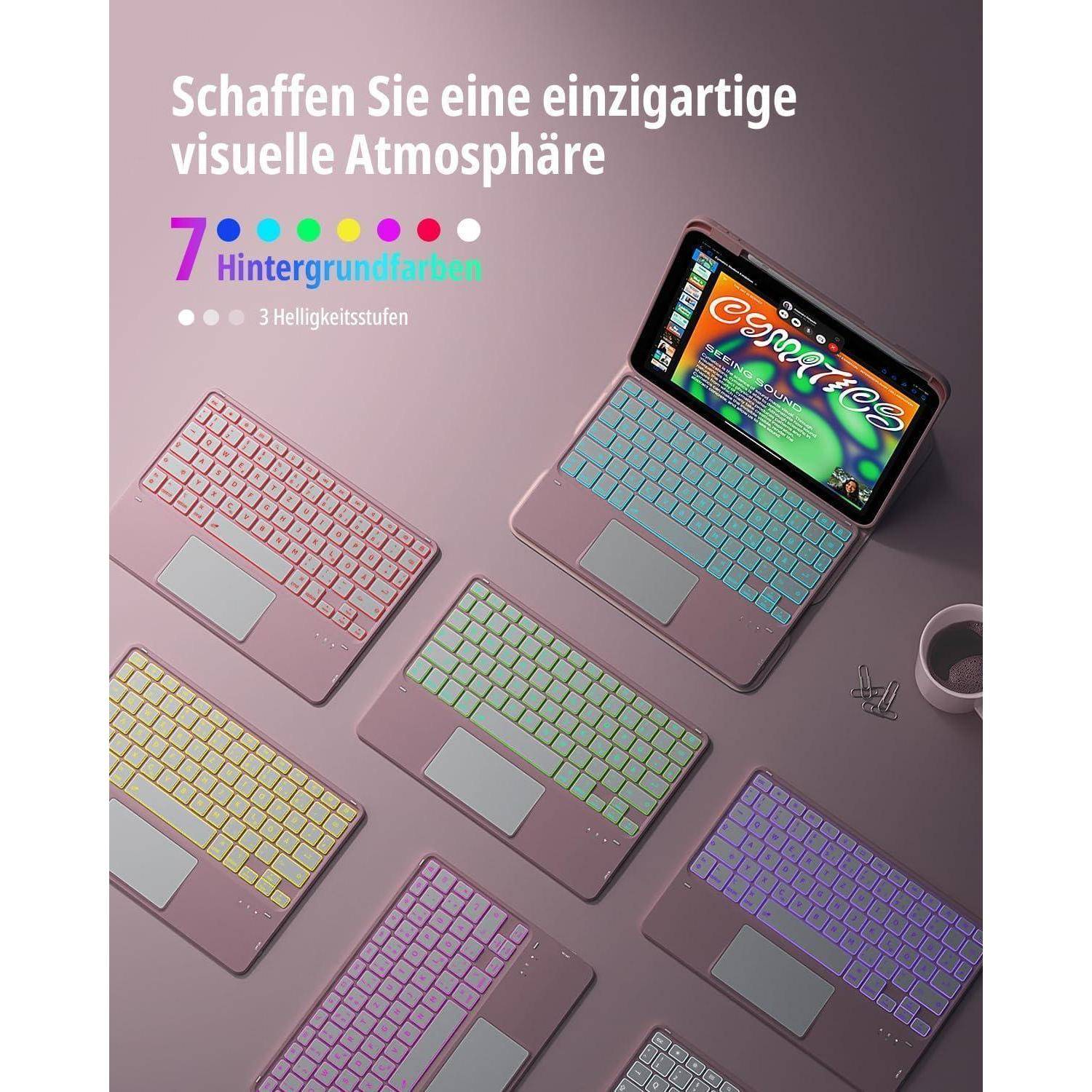 CACOE Drehbare Hülle mit Tastatur für iPad (A16) 11/10 Generation (11/10.9 Zoll) 2025/2022 mit Touchpad, 7-Farbige Beleuchtung Abnehmbare Kabellose
