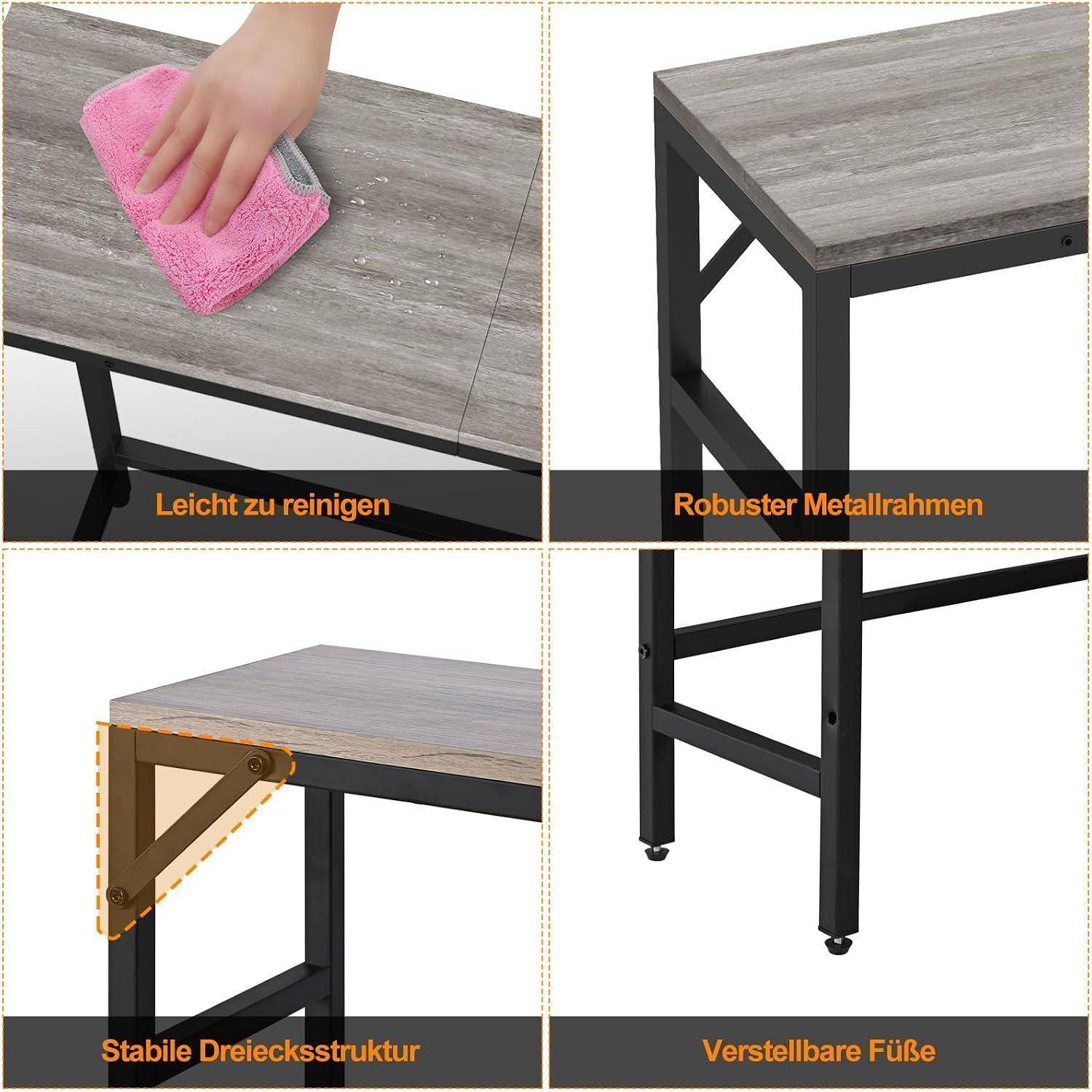 Vierteiliges Produktbild eines Tisches mit Holzoptik, das eine leicht zu reinigende Oberfläche, ein robustes Metallgestell, dreieckige Stützklammern und verstellbare Füße zeigt.