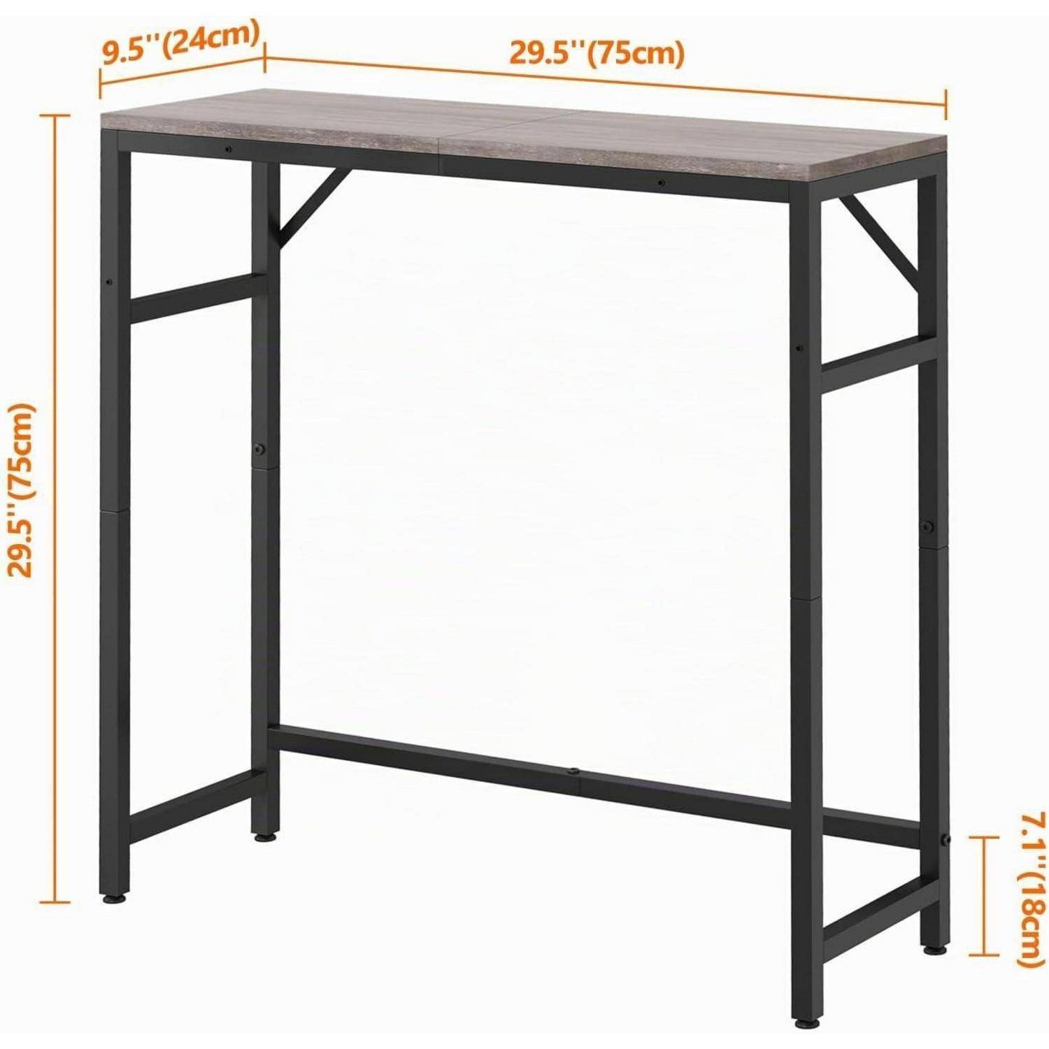 Bild eines hohen, schmalen Tisches mit Metallrahmen und Holzoptik-Oberseite, gekennzeichnet mit den Abmessungen 29,5 x 9,5 x 29,5 Zoll und einer Beinhöhe von 7,1 Zoll.