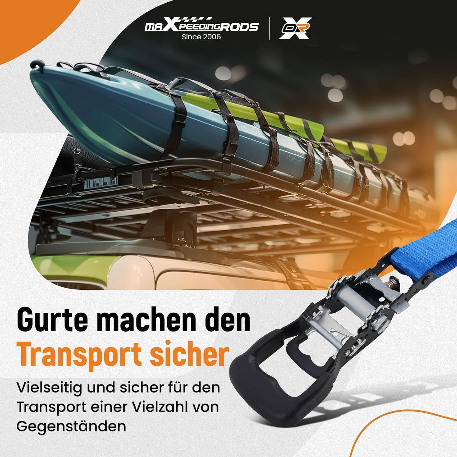 maXpeedingrods Ratschen Zurrgurte Set 4-teilig – 2362kg Spanngurte mit Soft Loops & S-Haken, 2.4m x 4cm inkl. Tasche& Handschuhe – für Motorrad,