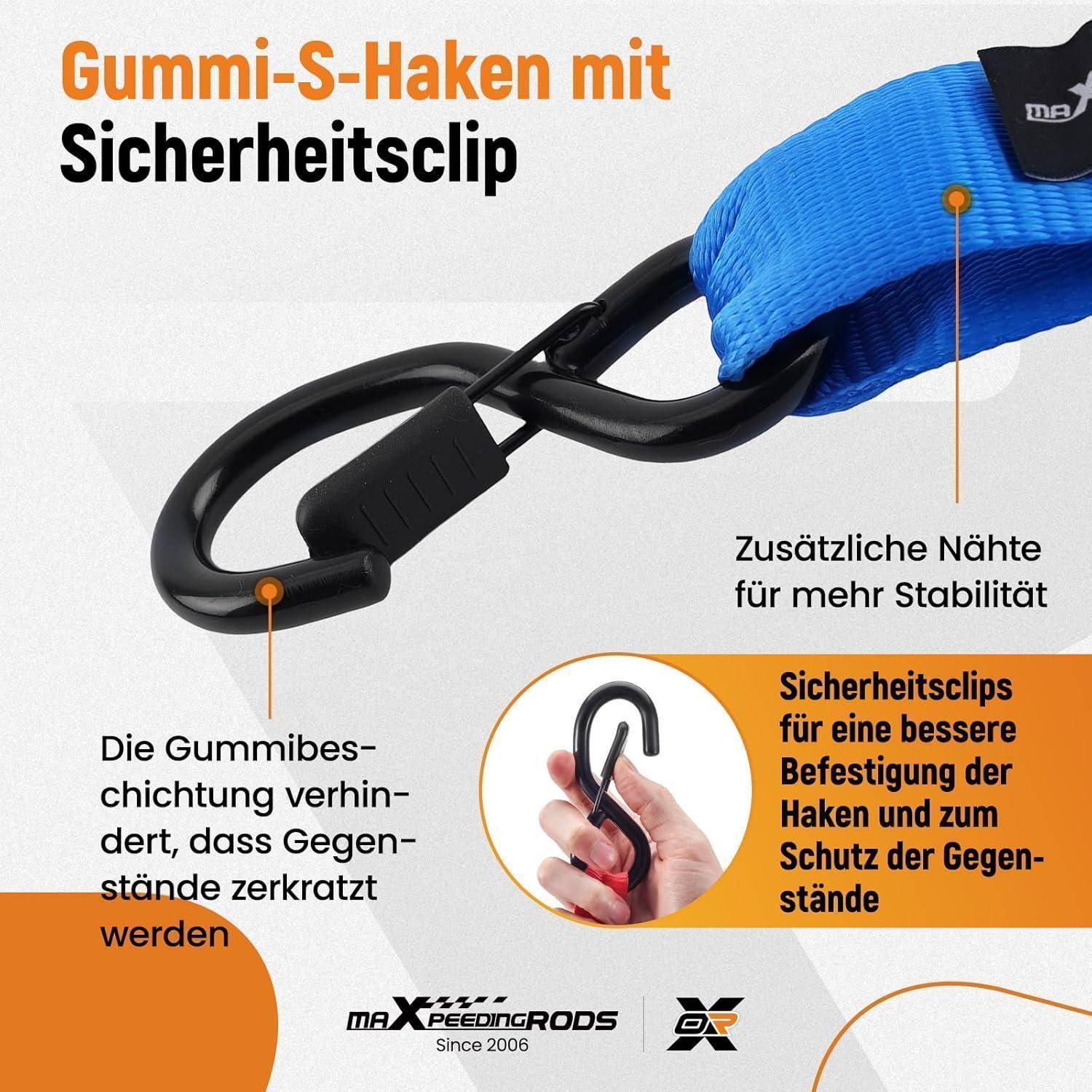 Grafische Werbung für einen gummibeschichteten Haken mit Sicherungsclip, die verbesserte Stabilität, Kratzersutz und sicherere Befestigung von Gegenständen hervorhebt.