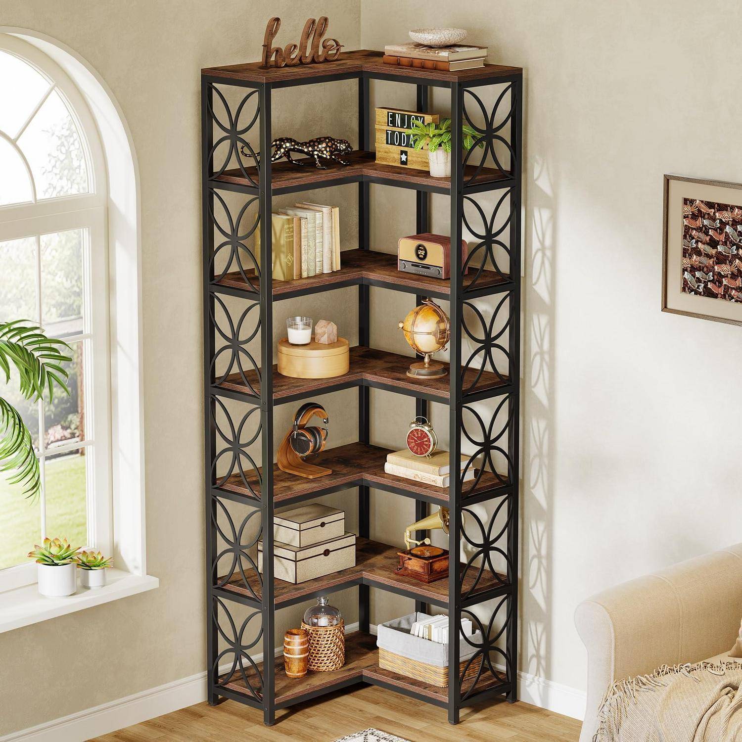 Tribesigns Eck-Bücherregal, 7-stöckig, L-förmig, Rustikales Braun & Schwarz | Holz mit Metallrahmen, 200 cm Hoch, Eckregal Stehend, Für Wohnzimmer