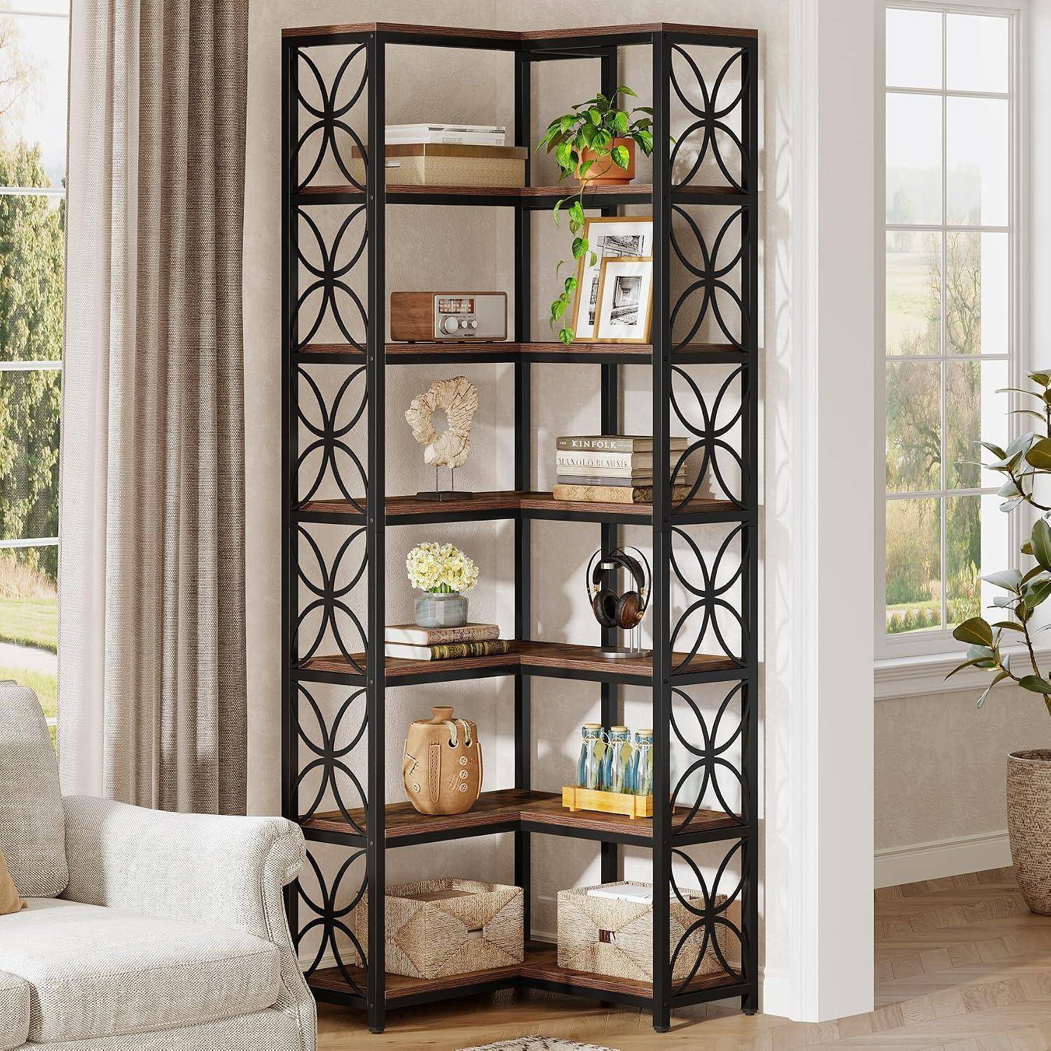 Tribesigns Eck-Bücherregal, 7-stöckig, L-förmig, Rustikales Braun & Schwarz | Holz mit Metallrahmen, 200 cm Hoch, Eckregal Stehend, Für Wohnzimmer