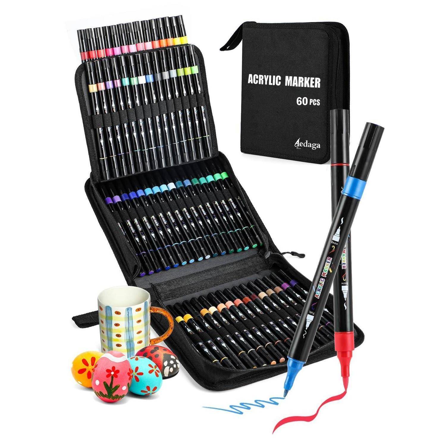 Offene Reißverschlusstasche mit 60 Acrylmarkern mit schwarzem Label „ACRYLIC MARKER