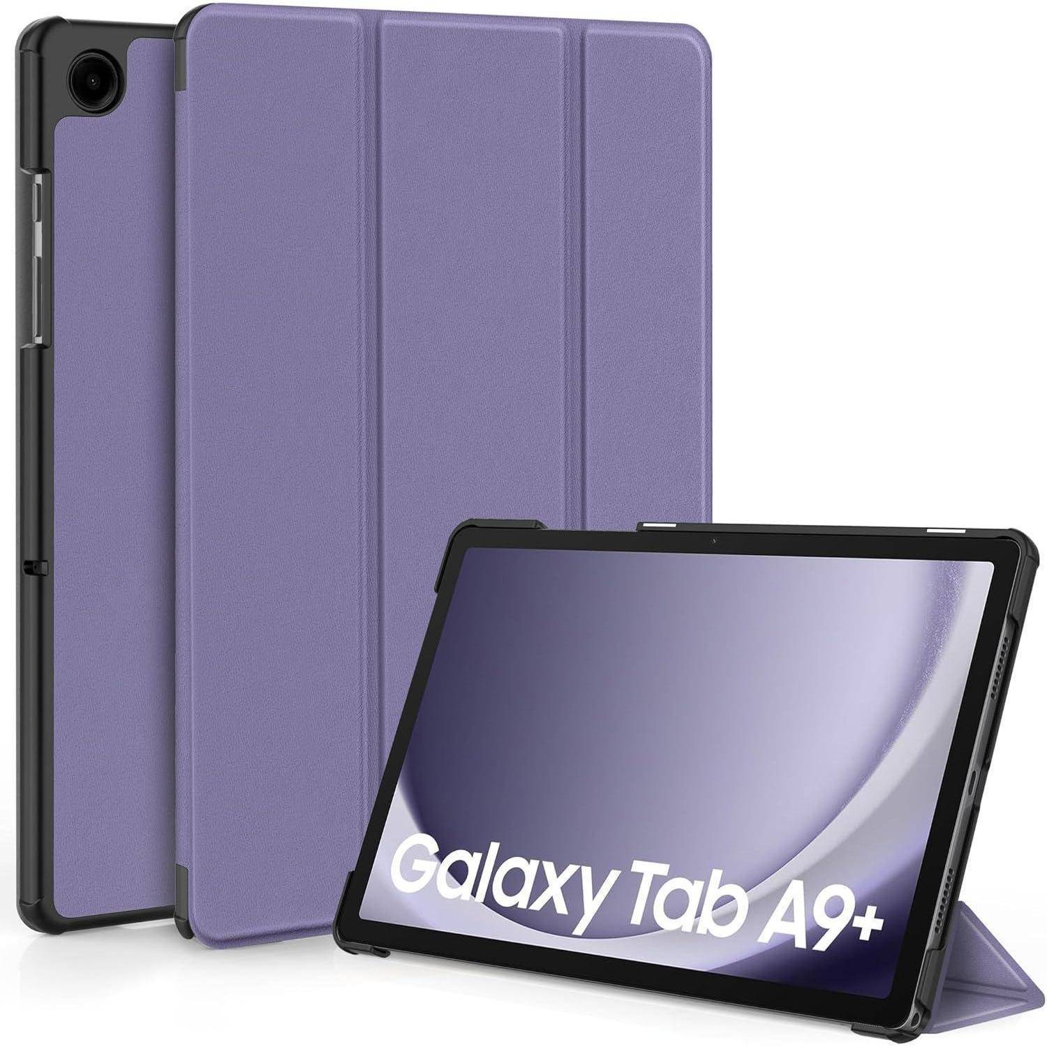 Samsung Galaxy Tab A9+ Tablet in einer violetten Tri-Fold-Schutzhülle, von vorne und hinten gezeigt, mit dem Display, auf dem 