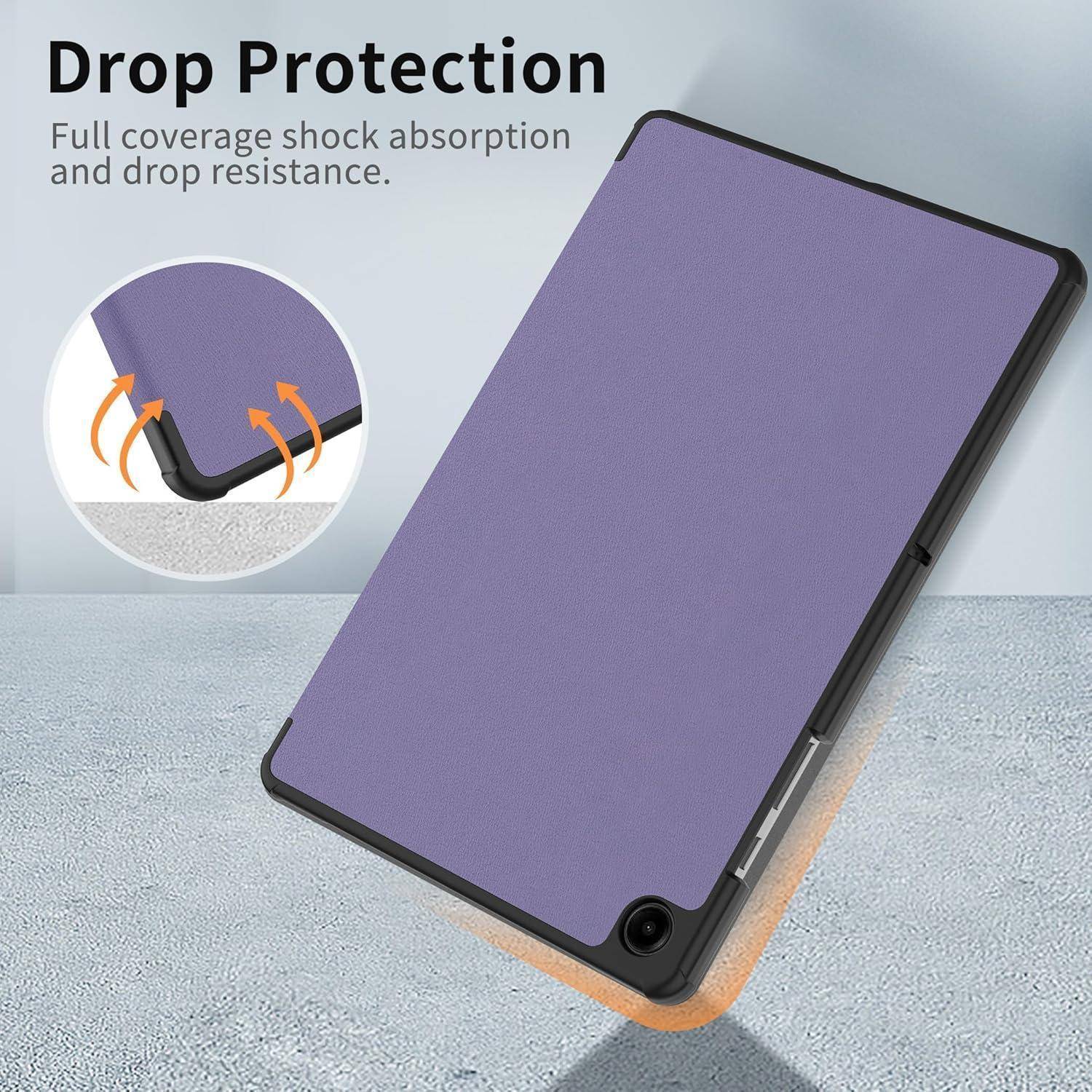 Lilafarbene Tablet-Schutzhülle mit dem Text „Drop Protection" (Fallschutz), die umfassende Stoßdämpfung und Fallresistenz hervorhebt, mit eingefügter Illustration der Eckenschlagbelastung.
