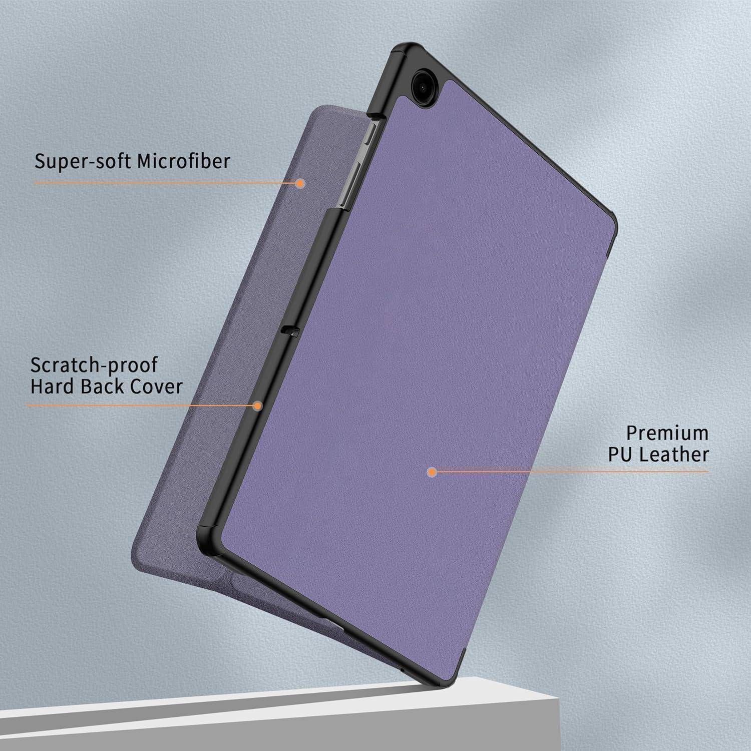Violettes Tablet-Etui mit Flipcover, bezeichnet als super-weiches Mikrofaser, kratzfester harter Rückseite und hochwertigem PU-Leder.