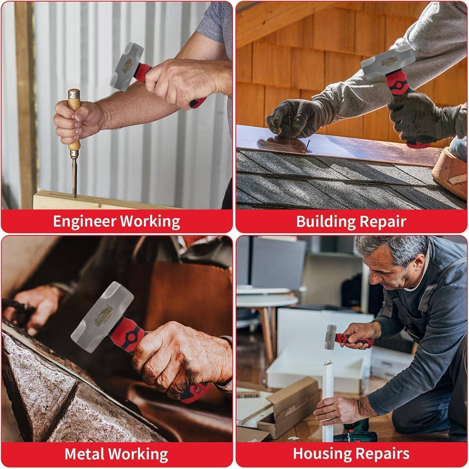 Vierpanel-Collage zeigt einen Hammer und Meißel, die für Ingenieurarbeiten, Gebäudereparaturen, Metallbearbeitung und Wohnungsreparaturen verwendet werden.