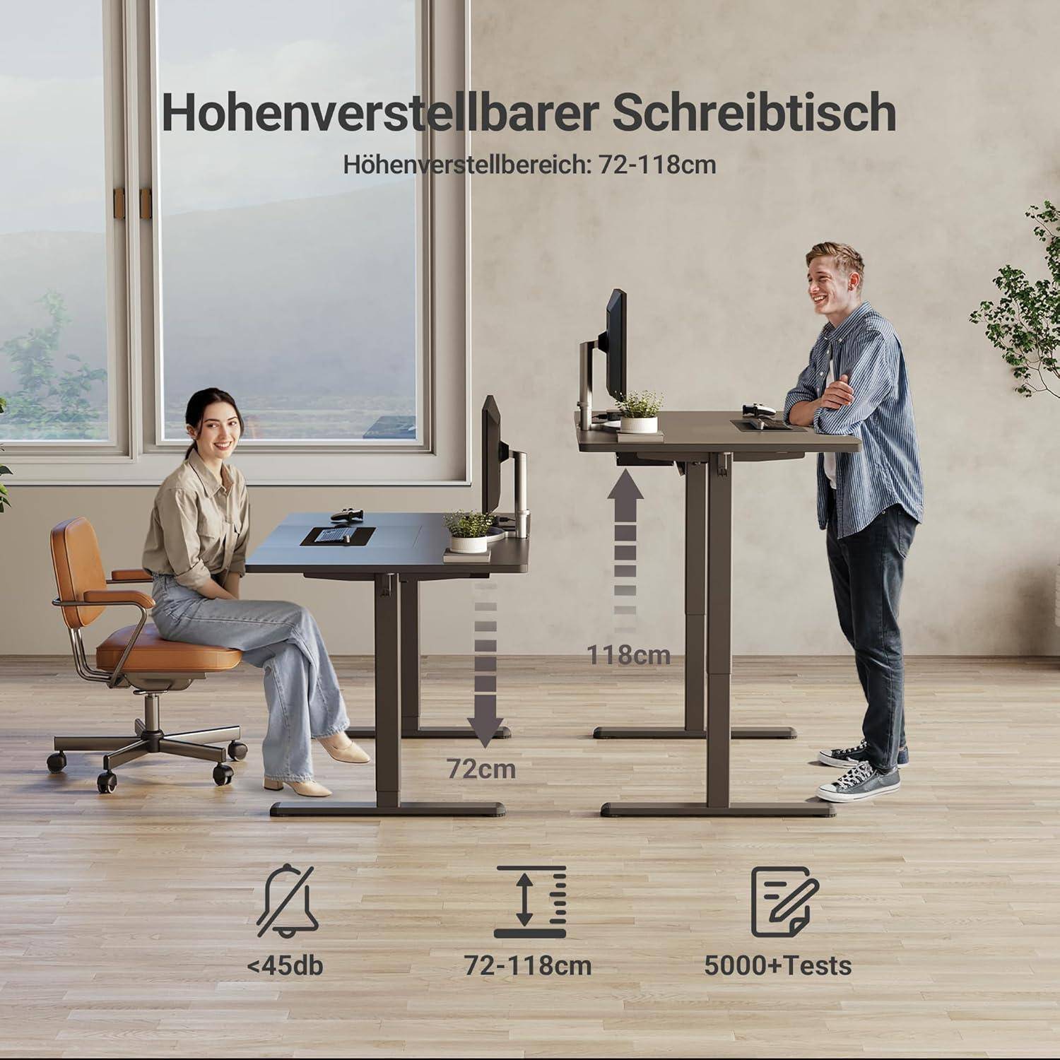 Werbebild eines höhenverstellbaren Stehschreibtischs mit zwei Personen, zeigt den verstellbaren Bereich von 72 bis 118 cm und Eigenschaften: unter 45 dB, 5000+ Tests.