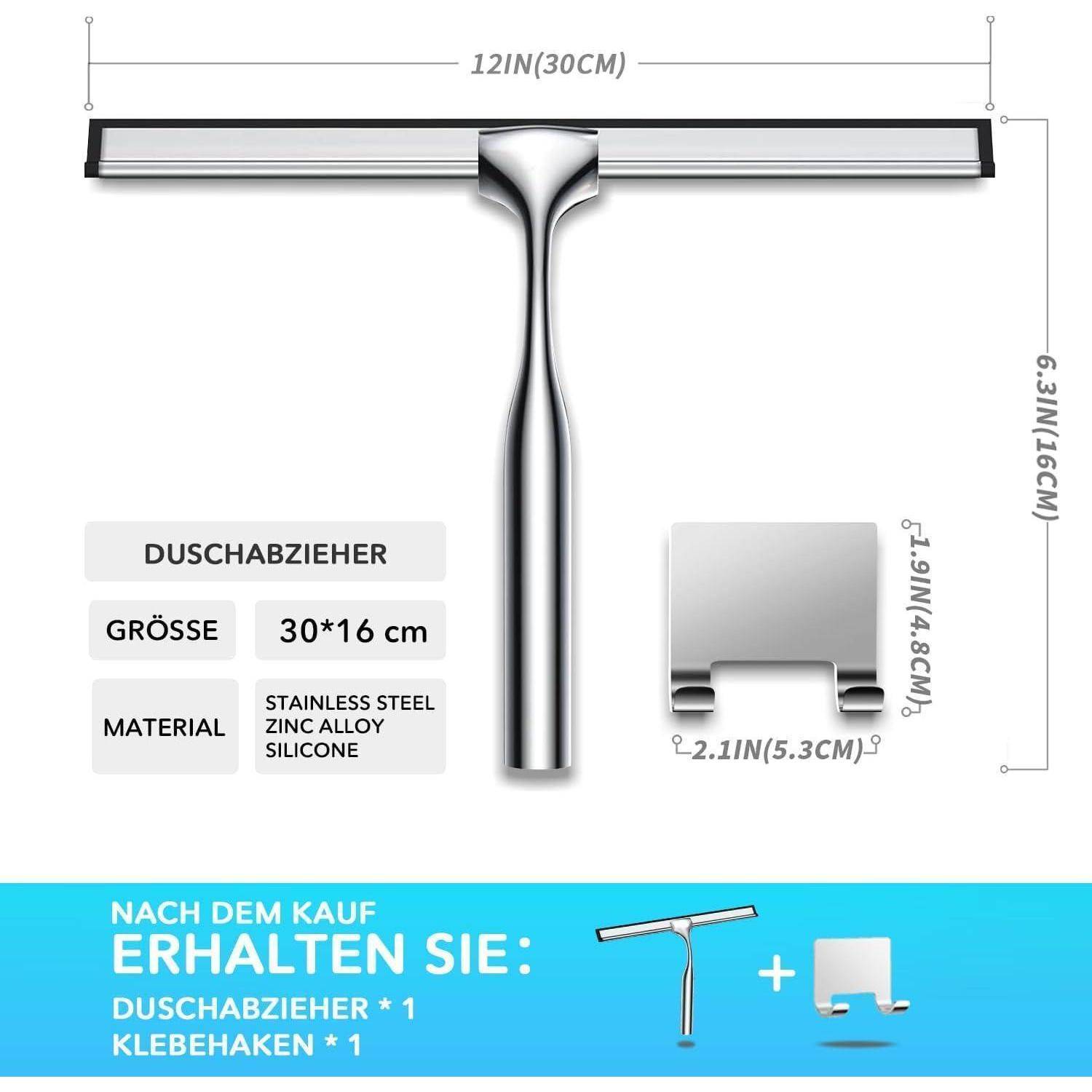 COFTCLMOMT 30CM Edelstahl Duschabzieher Mit Selbstklebe Haken, Silber Abzieher Dusche Wischer für Badezimmer, Kurzer Handgriff Glaswischer, Glas