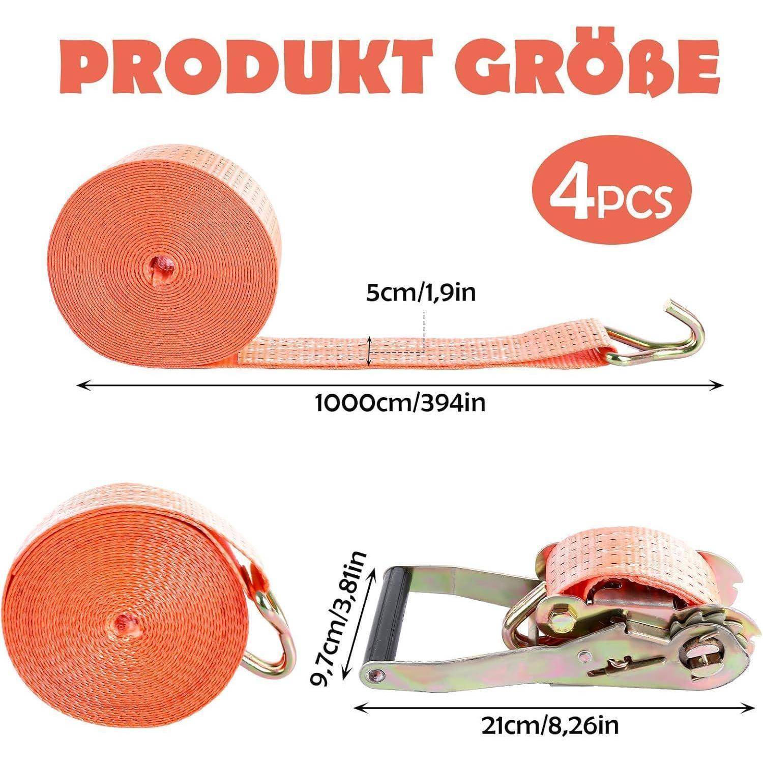 Produktgrößendiagramm für ein 4-teiliges oranges Ratschengurt-Set: 1000 cm lang, 5 cm breit, mit 21 cm Metallschnalleneinheit und 9,7 cm Faltgröße.