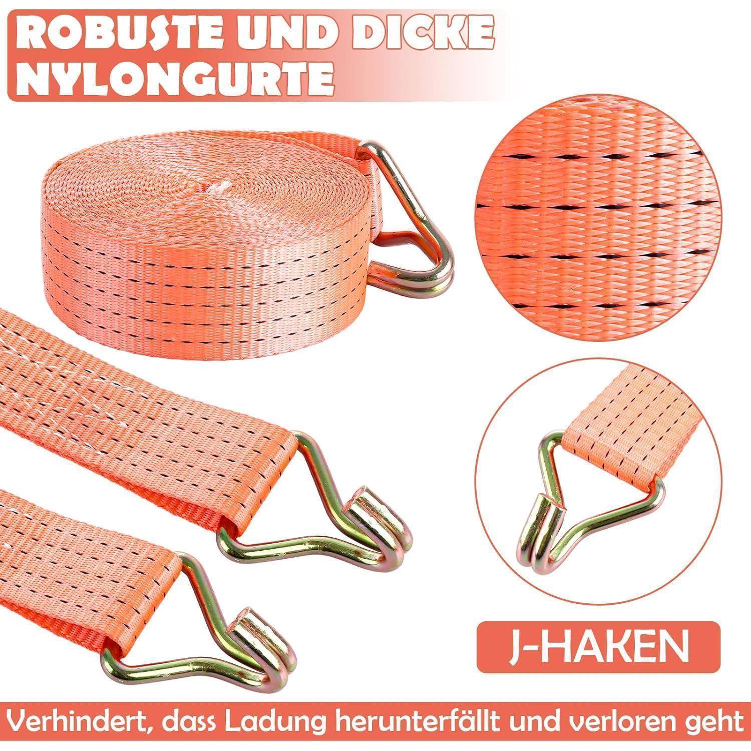 Orange Nylon-Ratschengurt mit J-Haken, zeigt Nahaufnahmen des gewebten Gurtes und des Hakens; Deutscher Text besagt, dass es verhindert, dass die Ladung herunterfällt und verloren geht.