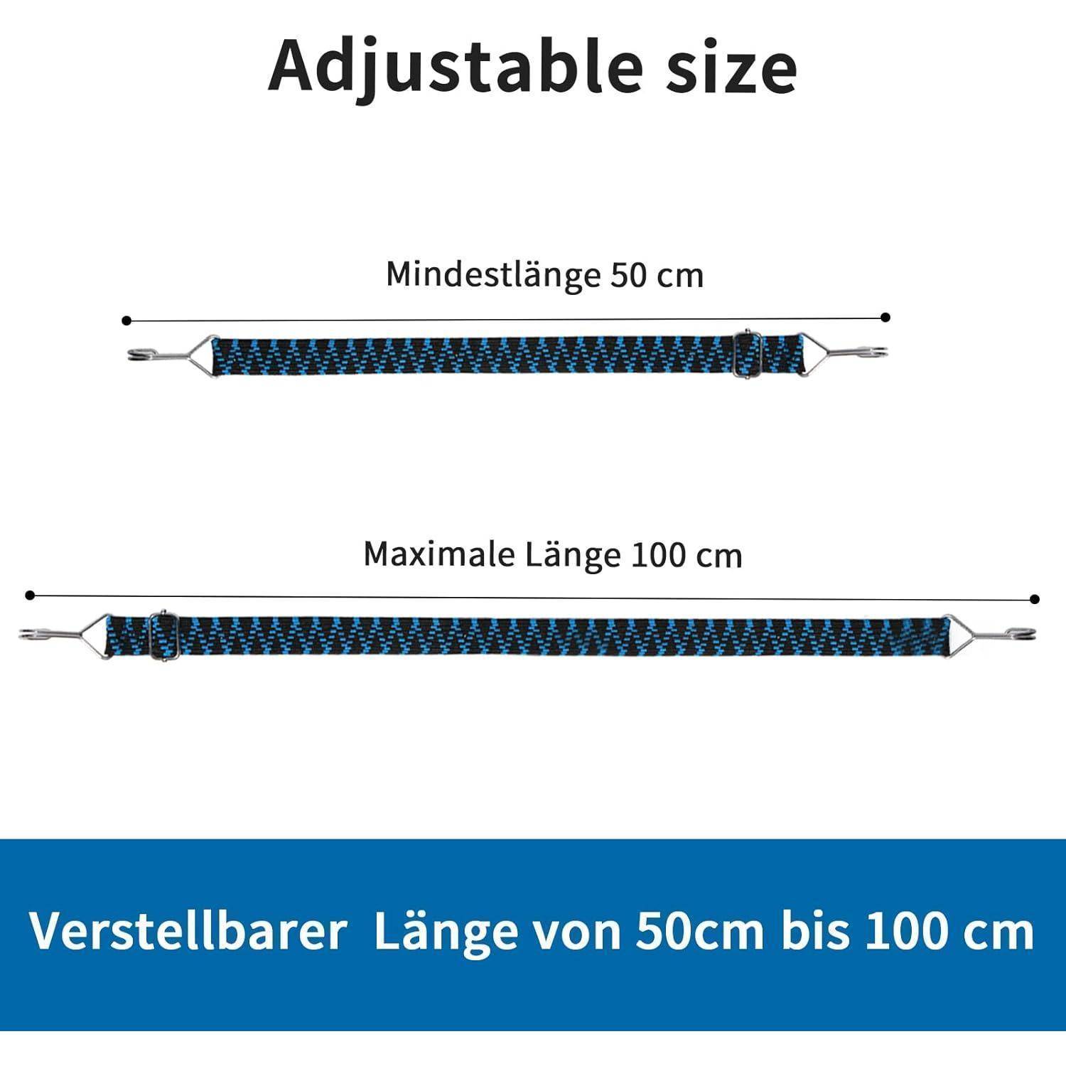 Diagramm zeigt einen verstellbaren Riemen mit Mindestlänge 50 cm und Maximallänge 100 cm; Text besagt „Verstellbare Größe