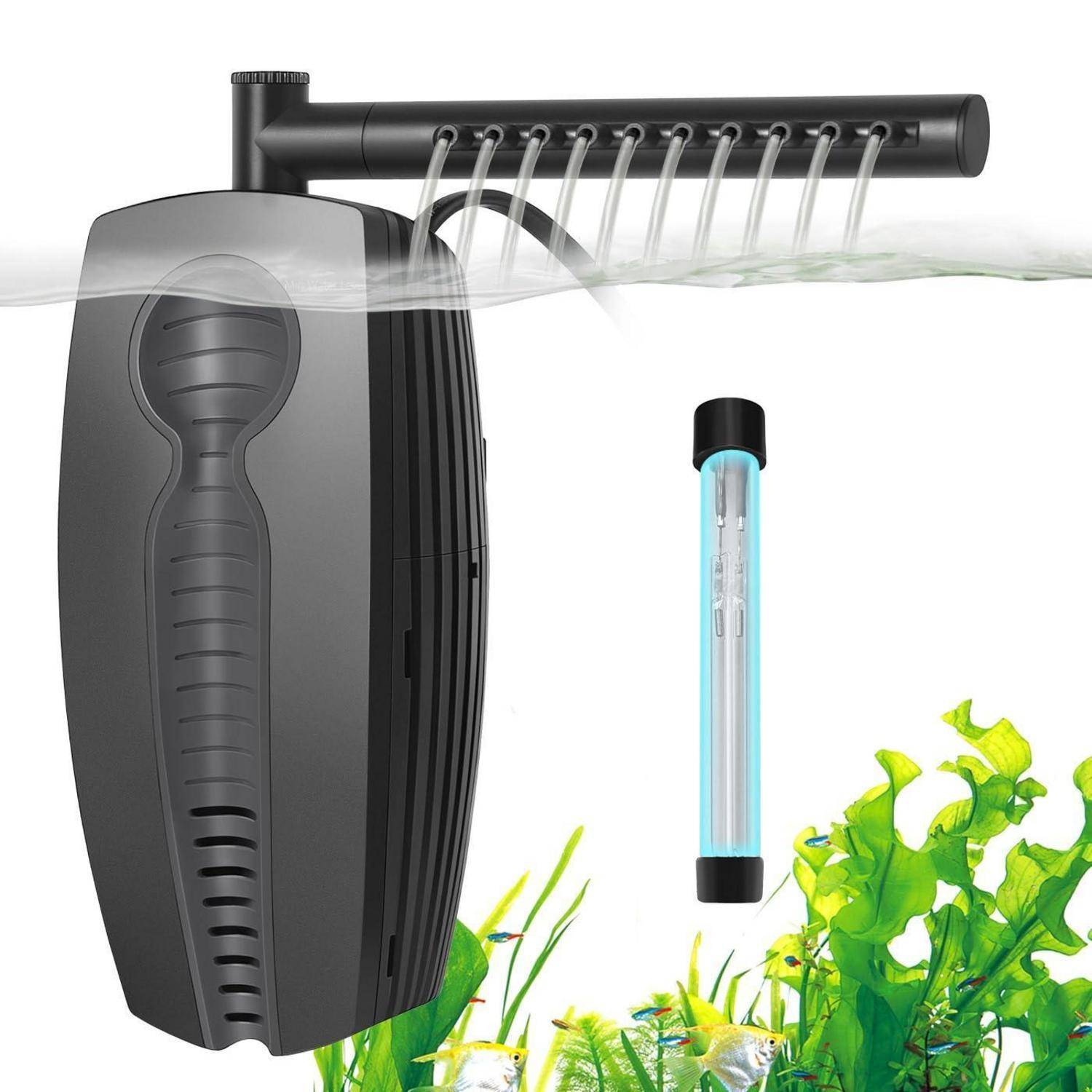 Schwarzer Aquarienfilter mit oberer Sprühleiste und sichtbarem Wasserdurchfluss, gezeigt mit UV-Sterilisatorrohr und Wasserpflanzen.