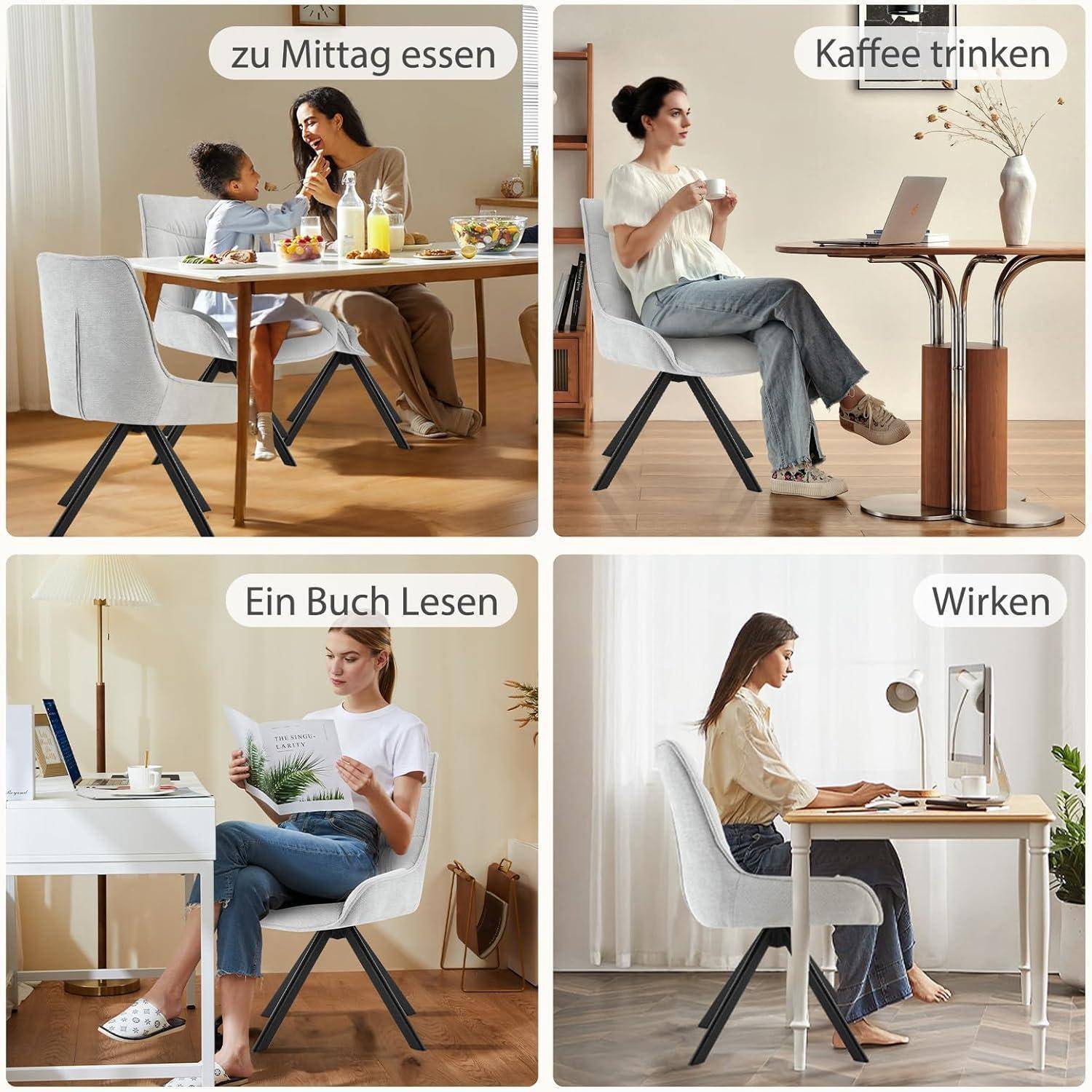 Vier-Panel-Bild einer Frau, die für verschiedene Aktivitäten auf demselben Stuhl sitzt: Mittagessen mit einem Kind, Kaffee trinken neben einem Laptop, Lesen eines Buches und Arbeit an einem Schreibtisch.
