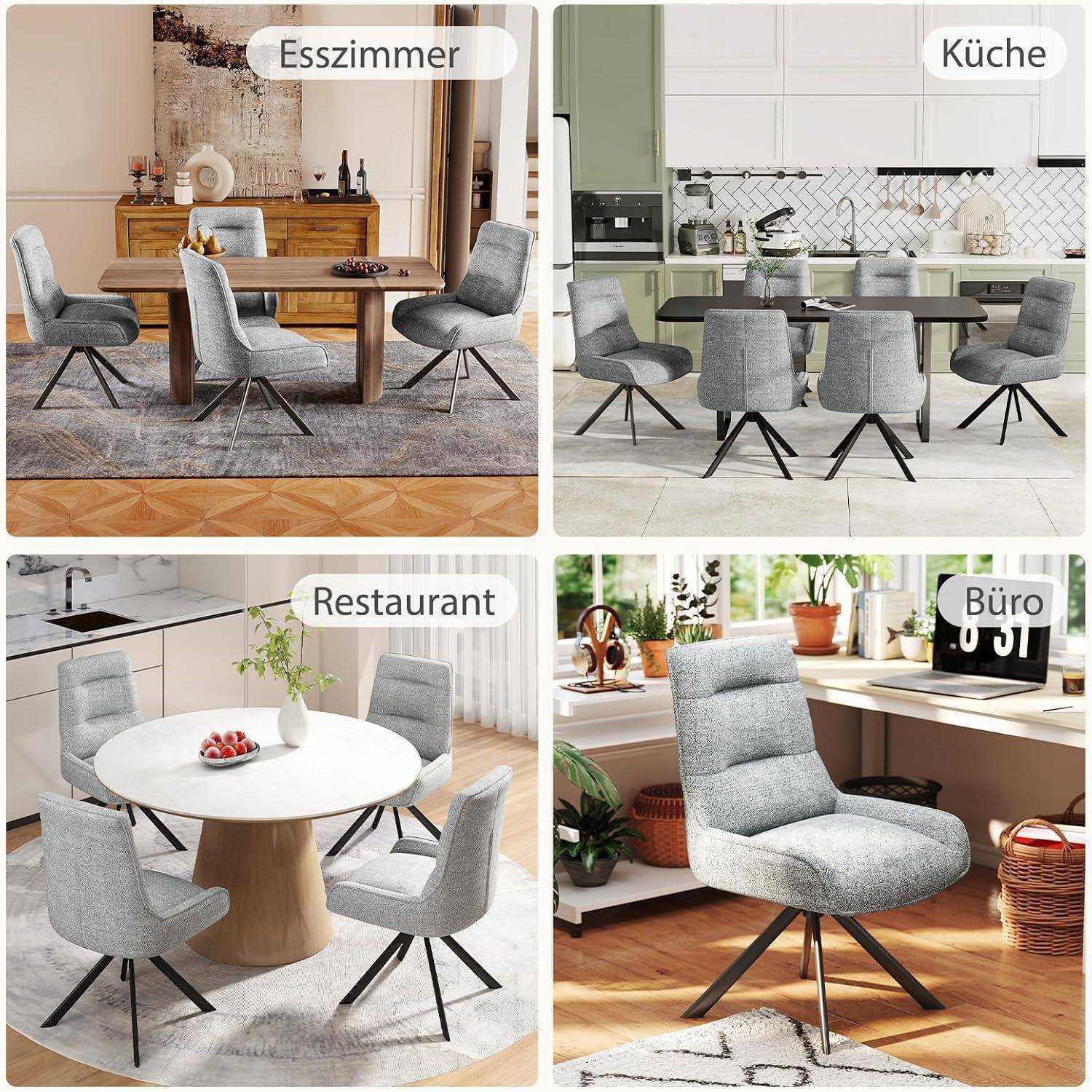 Vier grau gepolsterte Drehstühle mit schwarzen Metallbeinen, gezeigt in Esszimmer-, Küchen-, Restaurant- und Büroumgebungen.