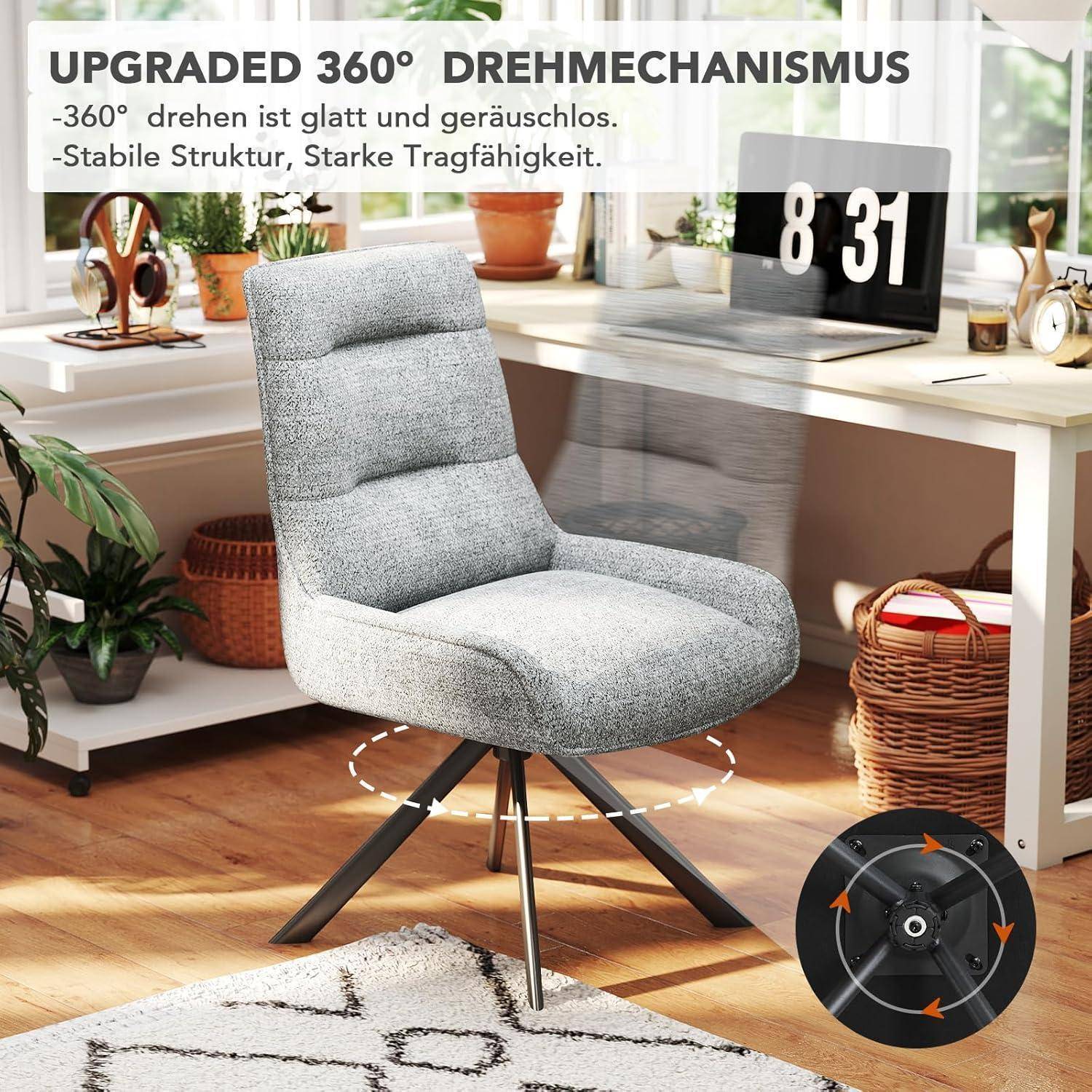 Grauer gepolsterter Drehstuhl in einem Homeoffice, gezeigt mit einer 360°-Drehbasis und deutschem Text, der verbesserte Rotation, ruhigen Betrieb, Stabilität und hohe Tragfähigkeit bewirbt.