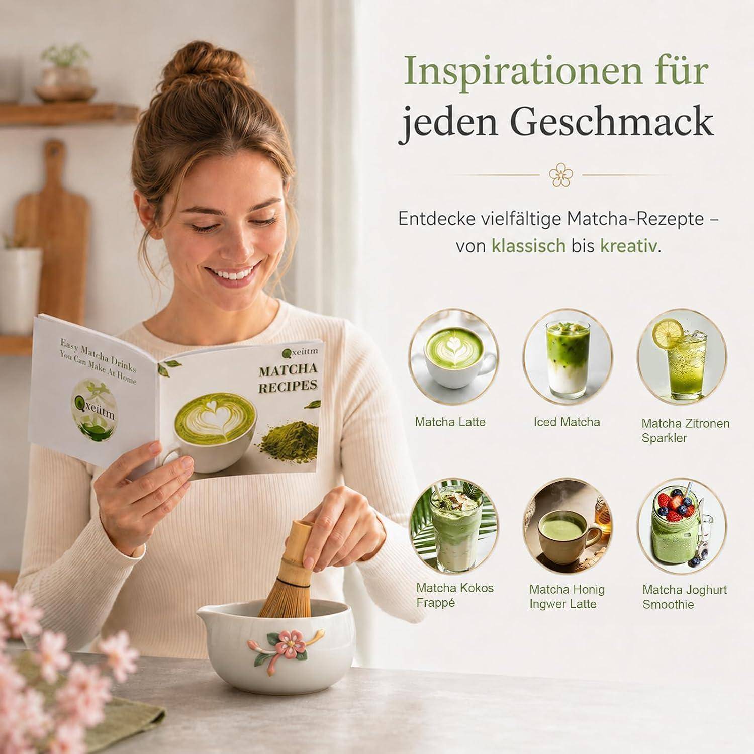 Frau liest ein „Matcha-Rezepte"-Büchlein während sie Matcha zubereitet; der Text bewirbt „Inspirationen für jeden Geschmack"" und zeigt sechs Getränkeideen: Latte, Eistee-Matcha, Zitronensprudler, Kokosfrappe, Honig-Ingwer-Latte, Joghurt-Smoothie.