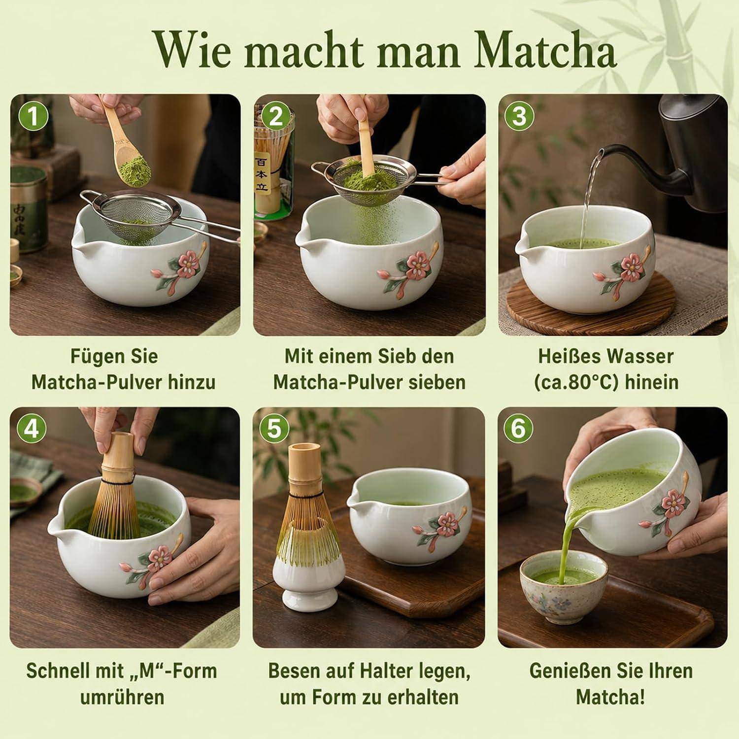Matcha Set 9 Stück, Handgeformter Blüte, mit Exklusivem Rezeptbuch, Bambus Matcha Besen (100+ Zinken), Besenhalter, Keramikschale, 2 Löffel &amp; halte