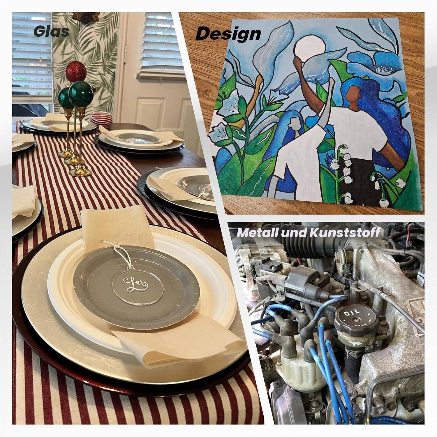 Collage zum Vergleich von Materialien: Glastischbesteck, ein farbenfrohe Designgemälde und ein Motor mit der Bezeichnung „Metall und Kunststoff