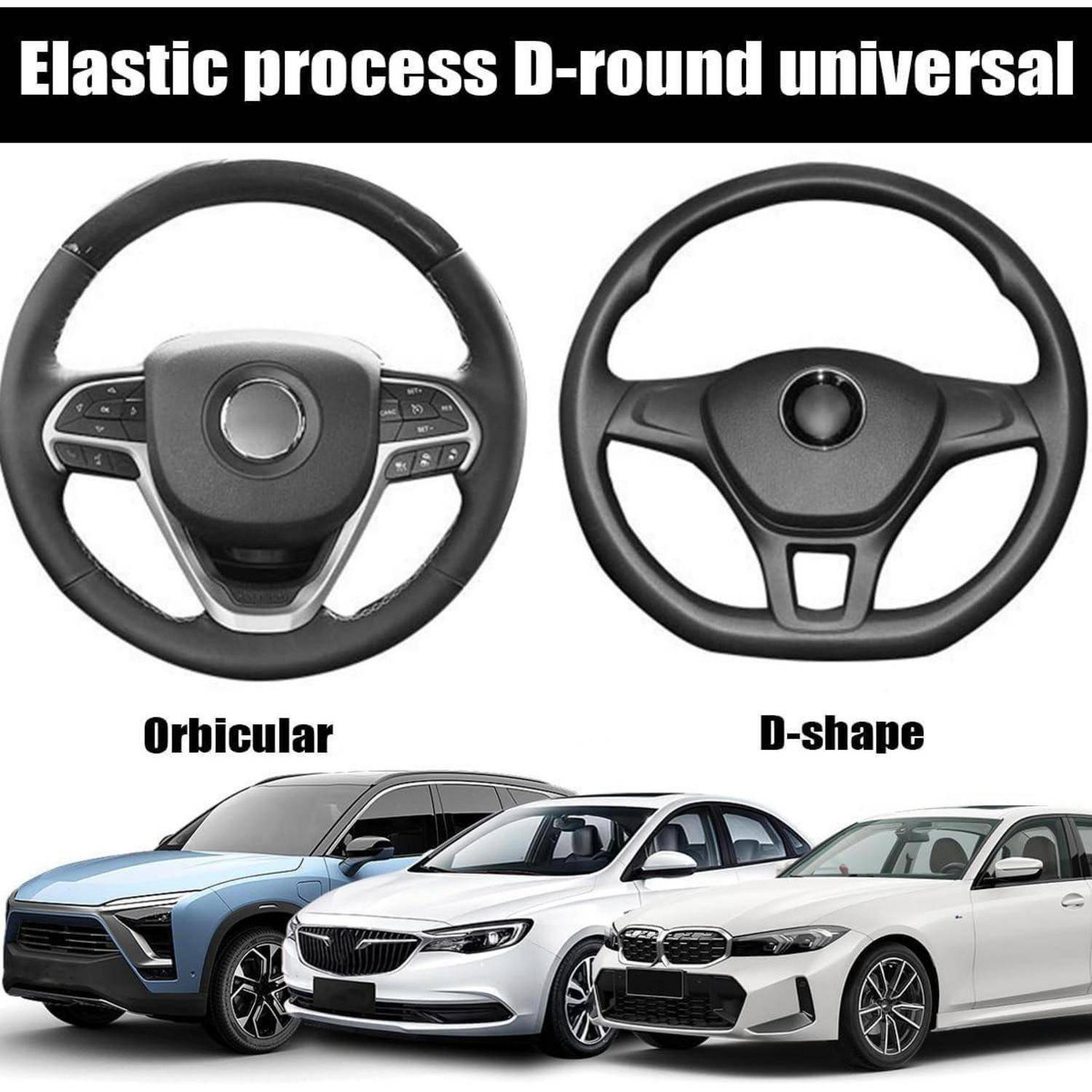 Vergleichsgrafik mit dem Titel „Elastischer Prozess D-rund universell" zeigt zwei Lenkräder, beschriftet mit Orbicular und D-Form, über drei Autos.