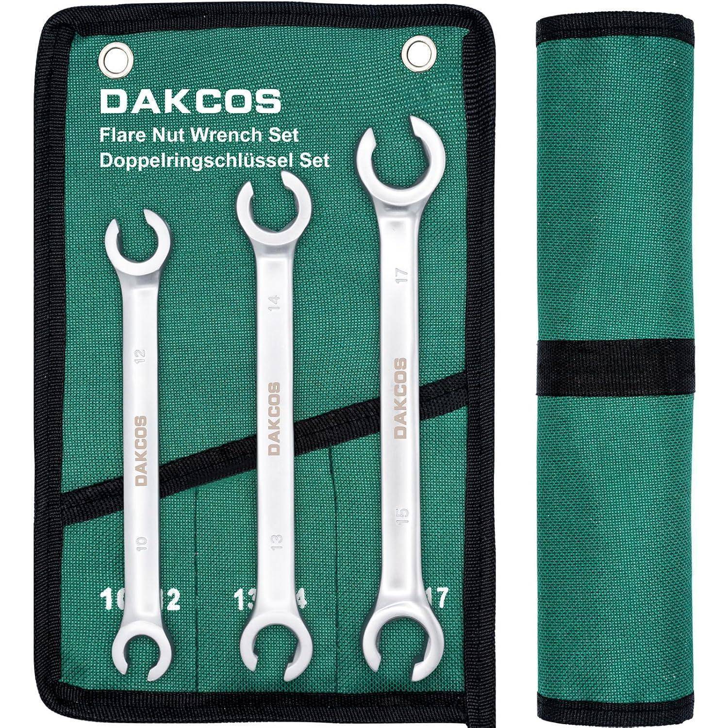 DAKCOS Bremsleitungsschlüssel Set Offener Doppel-Ringschlüssel-Satz, SW 10x12mm, 13x14mm, 15x17mm, aus CR-V mit mattierter Chromoberfläche 3tlg.