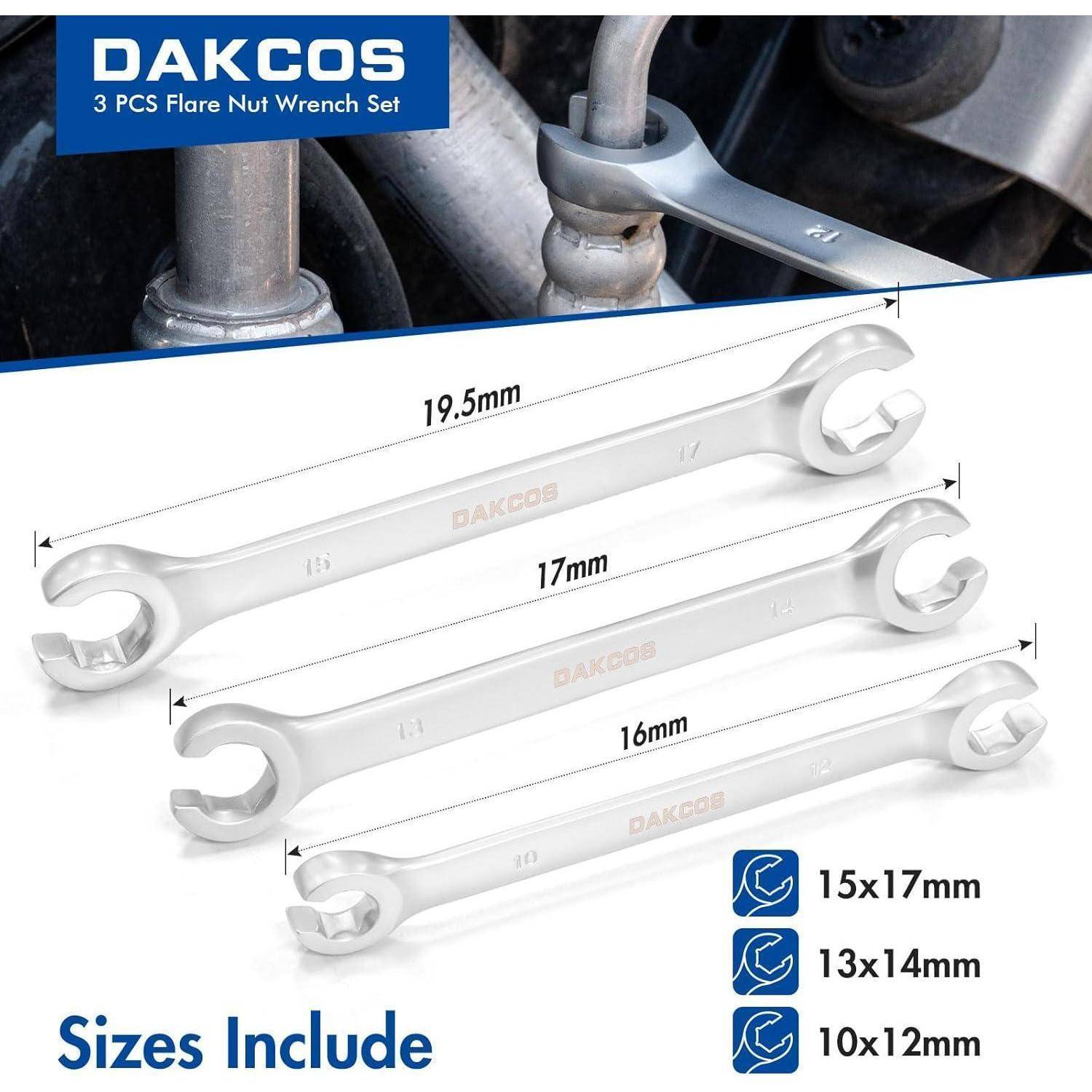 DAKCOS Bremsleitungsschlüssel Set Offener Doppel-Ringschlüssel-Satz, SW 10x12mm, 13x14mm, 15x17mm, aus CR-V mit mattierter Chromoberfläche 3tlg.