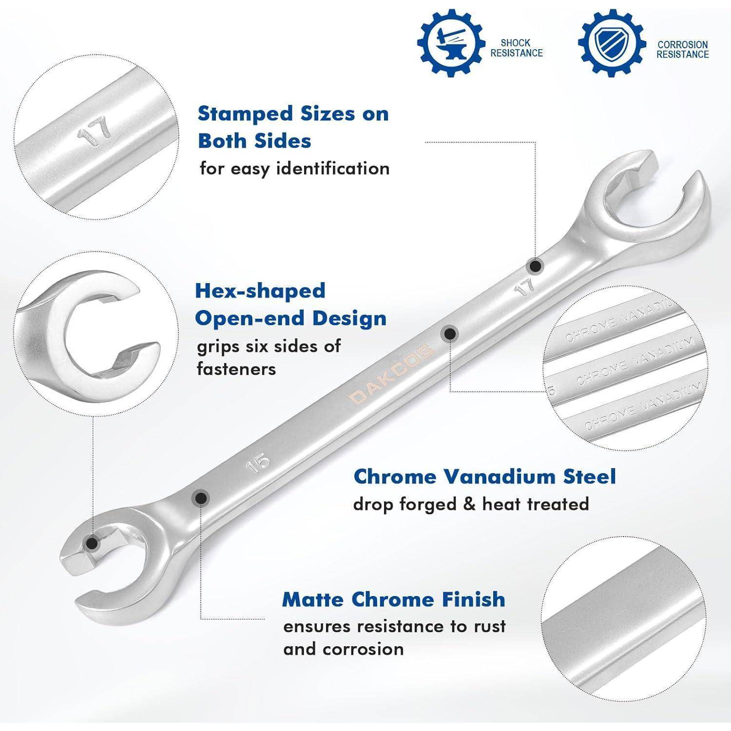 DAKCOS Bremsleitungsschlüssel Set Offener Doppel-Ringschlüssel-Satz, SW 10x12mm, 13x14mm, 15x17mm, aus CR-V mit mattierter Chromoberfläche 3tlg.