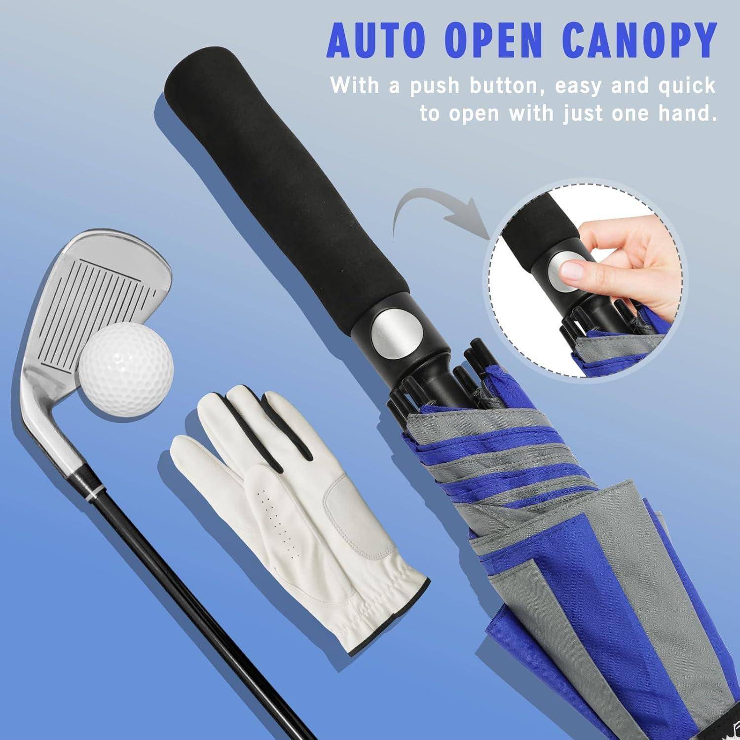 Golfschirm mit automatischer Öffnung per Knopfdruck, gezeigt mit Golfschläger, Ball und Handschuh; Detailansicht zeigt den Öffnungsmechanismus mit einer Hand.