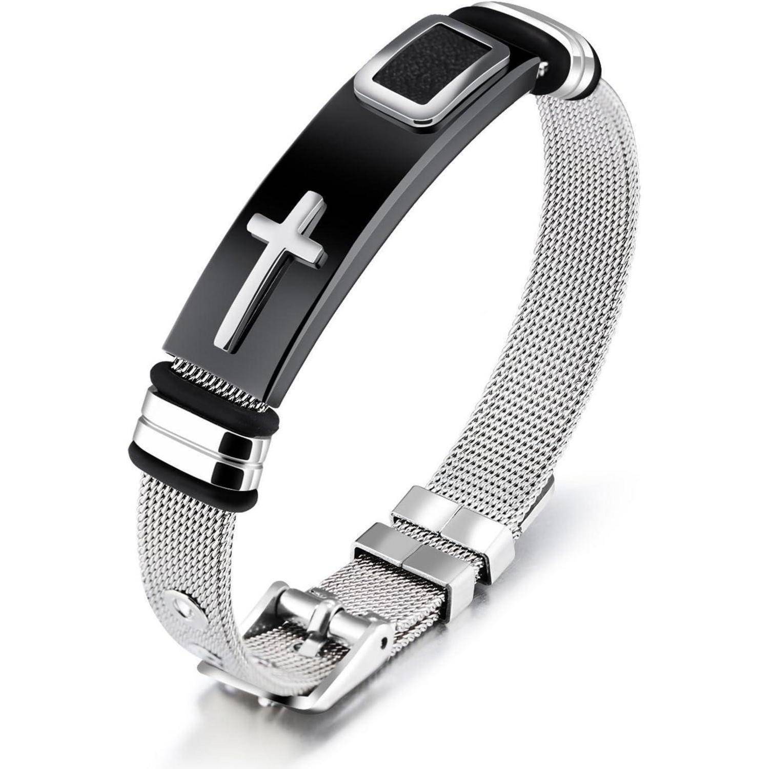 Silbernes Mesh-Armband mit schwarzer Schließe mit silbernem Kreuz, auf weißem Hintergrund dargestellt.