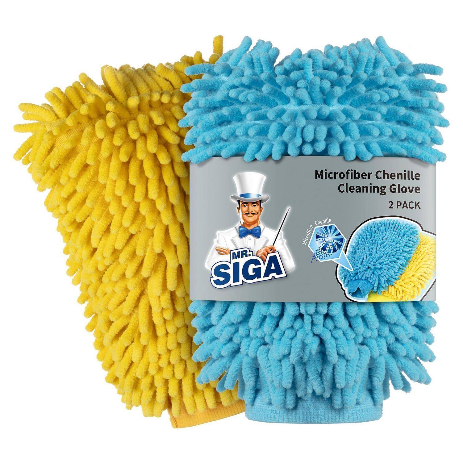 Packung mit zwei Mikrofaser-Chenille-Reinigungshandschuhen, einer blau und einer gelb, Marke Mr. SIGA, mit Produktetikett auf der Vorderseite.