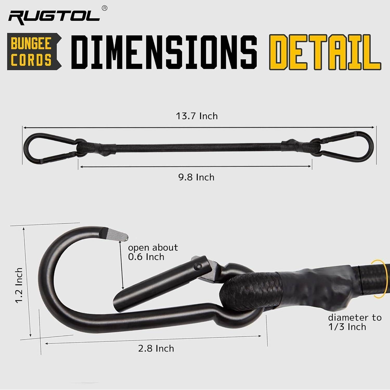 RUGTOL Spanngurt-Abmessungen mit Detailangaben: 13,7-Zoll-Schnur mit 9,8-Zoll nutzbarer Länge, 1,2-Zoll-Haken, 2,8-Zoll-Breite und 1/3-Zoll-Durchmesser.